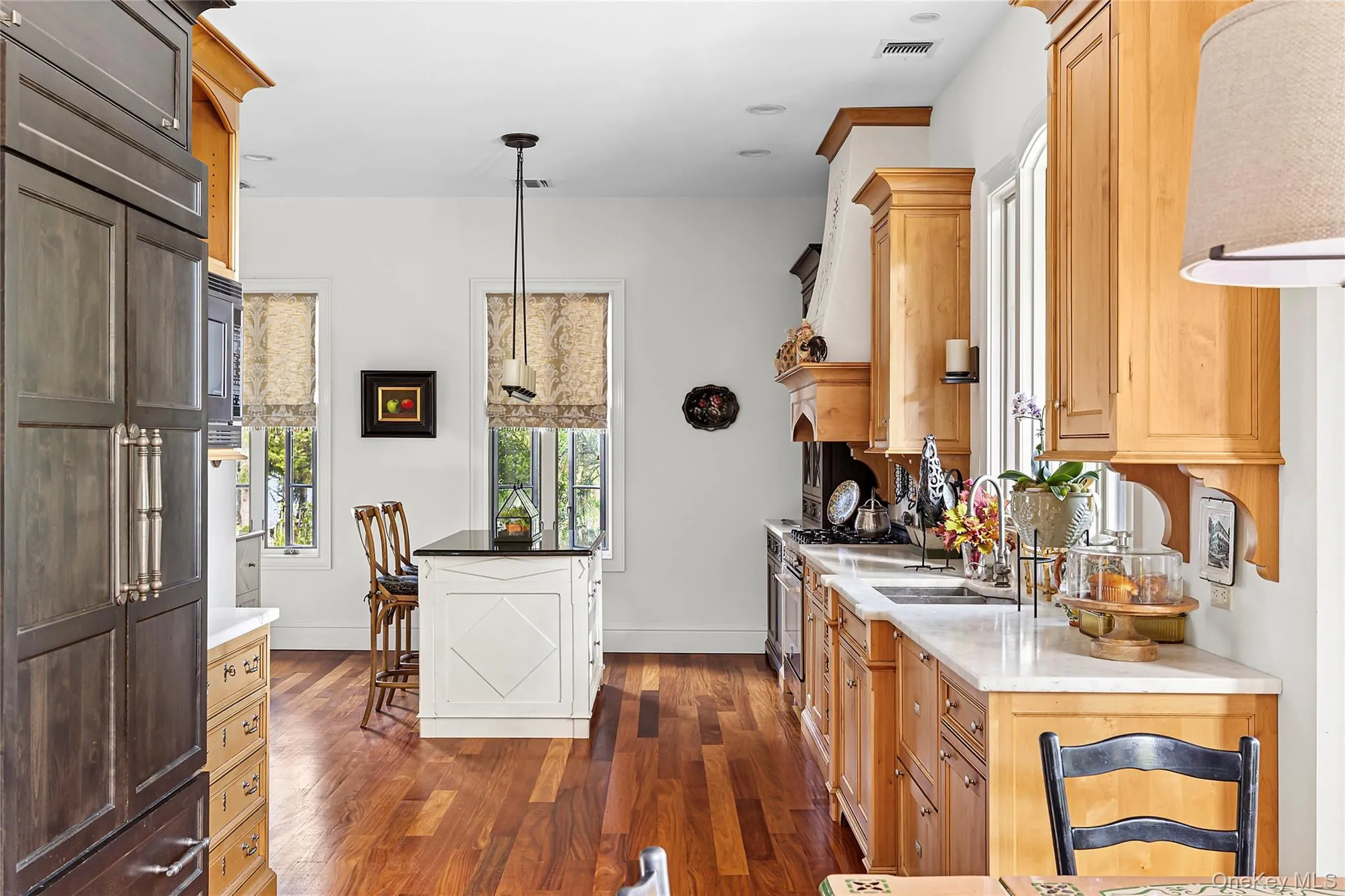 Kitchen featuring dark wood-type flooring, pendant lighting, healthy amount of natural light, and high quality appliances Kitchen featuring dark wood-type flooring, pendant lighting, healthy amount of natural light, and high quality appliances