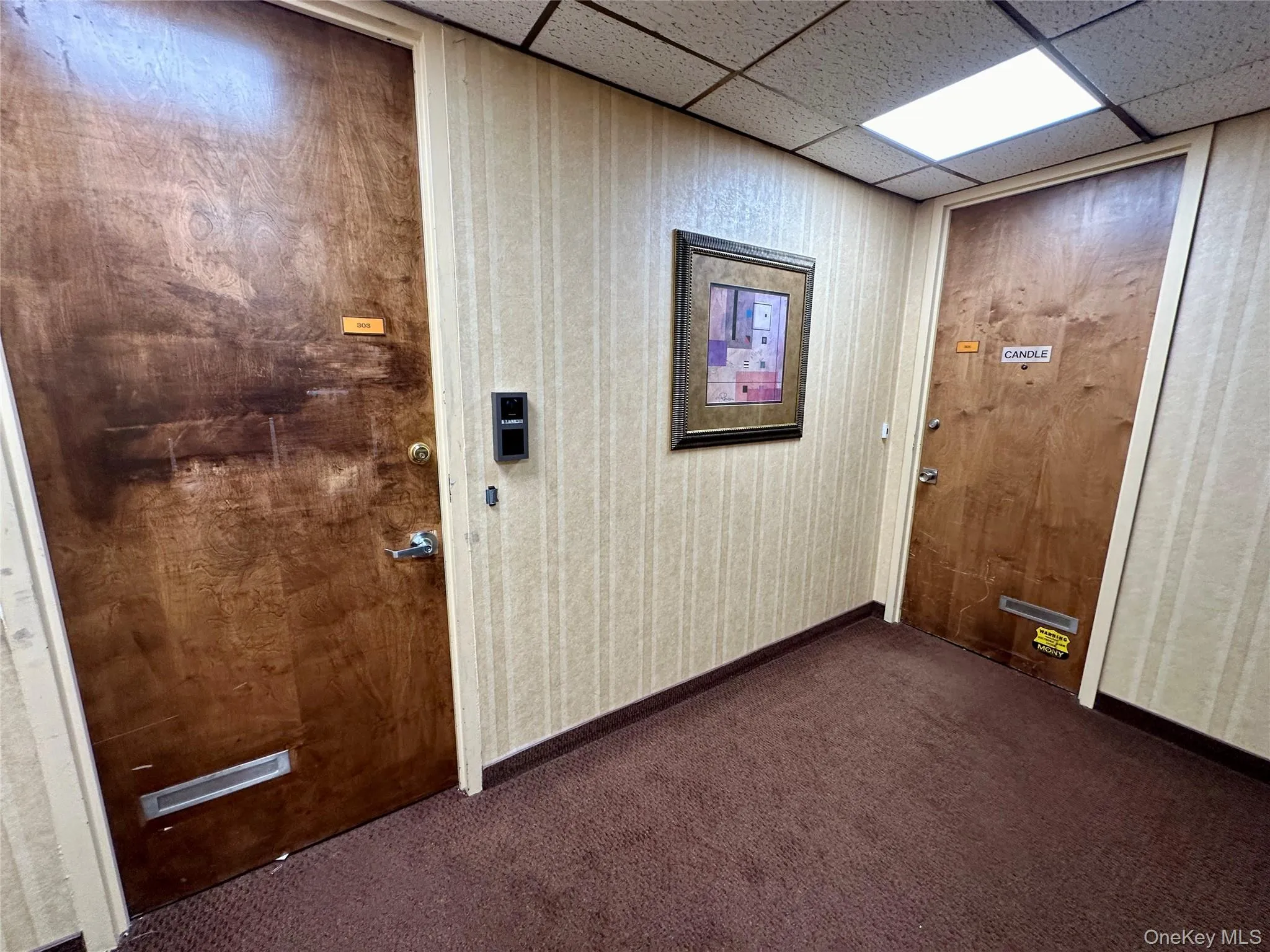 Entryway featuring carpet flooring, a paneled ceiling, and wood walls Entryway featuring carpet flooring, a paneled ceiling, and wood walls