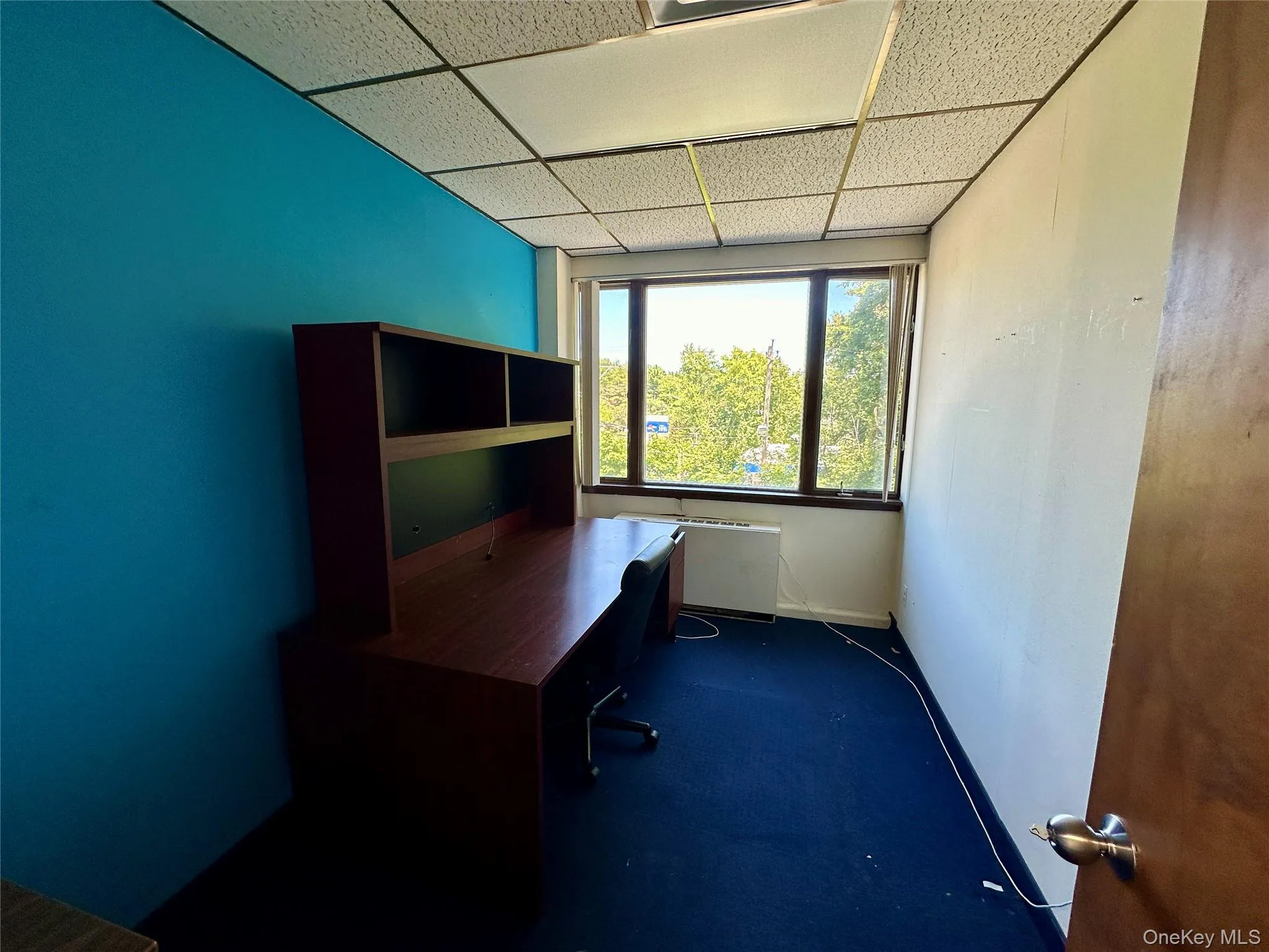 Unfurnished office with a drop ceiling and baseboards Unfurnished office with a drop ceiling and baseboards