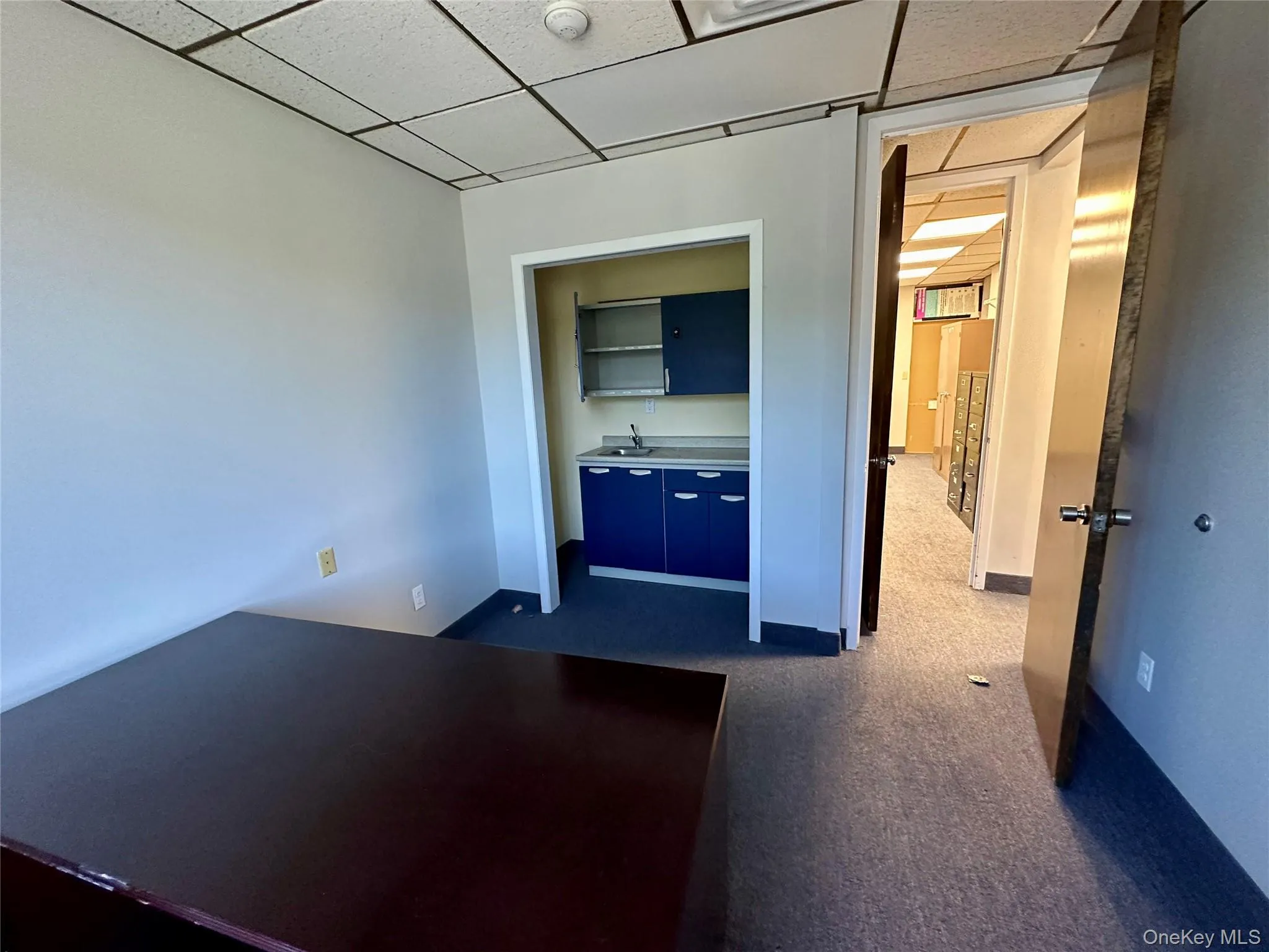 Empty room featuring a paneled ceiling and dark colored carpet Empty room featuring a paneled ceiling and dark colored carpet