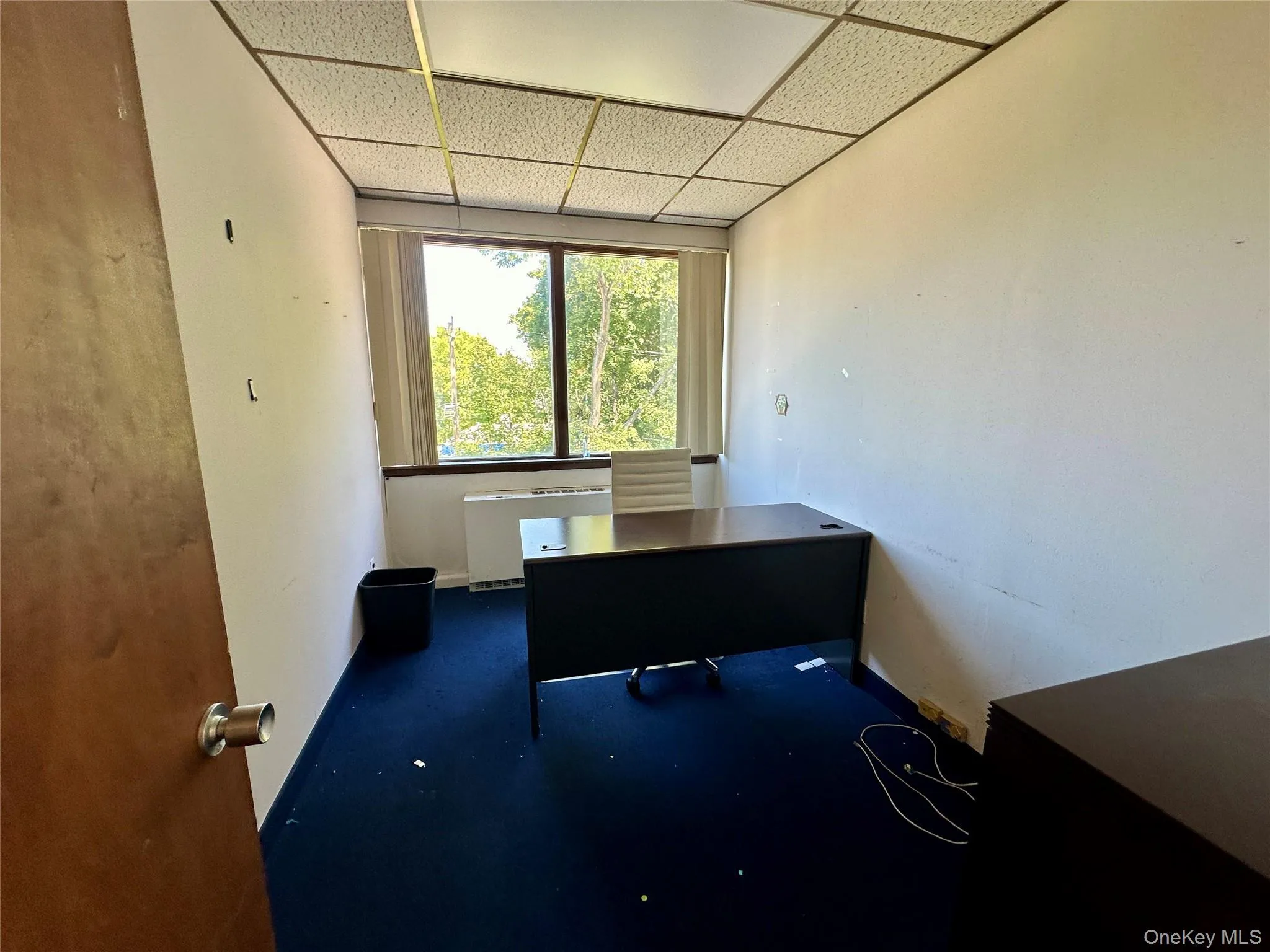 Office space featuring dark carpet, a drop ceiling, and radiator heating unit Office space featuring dark carpet, a drop ceiling, and radiator heating unit