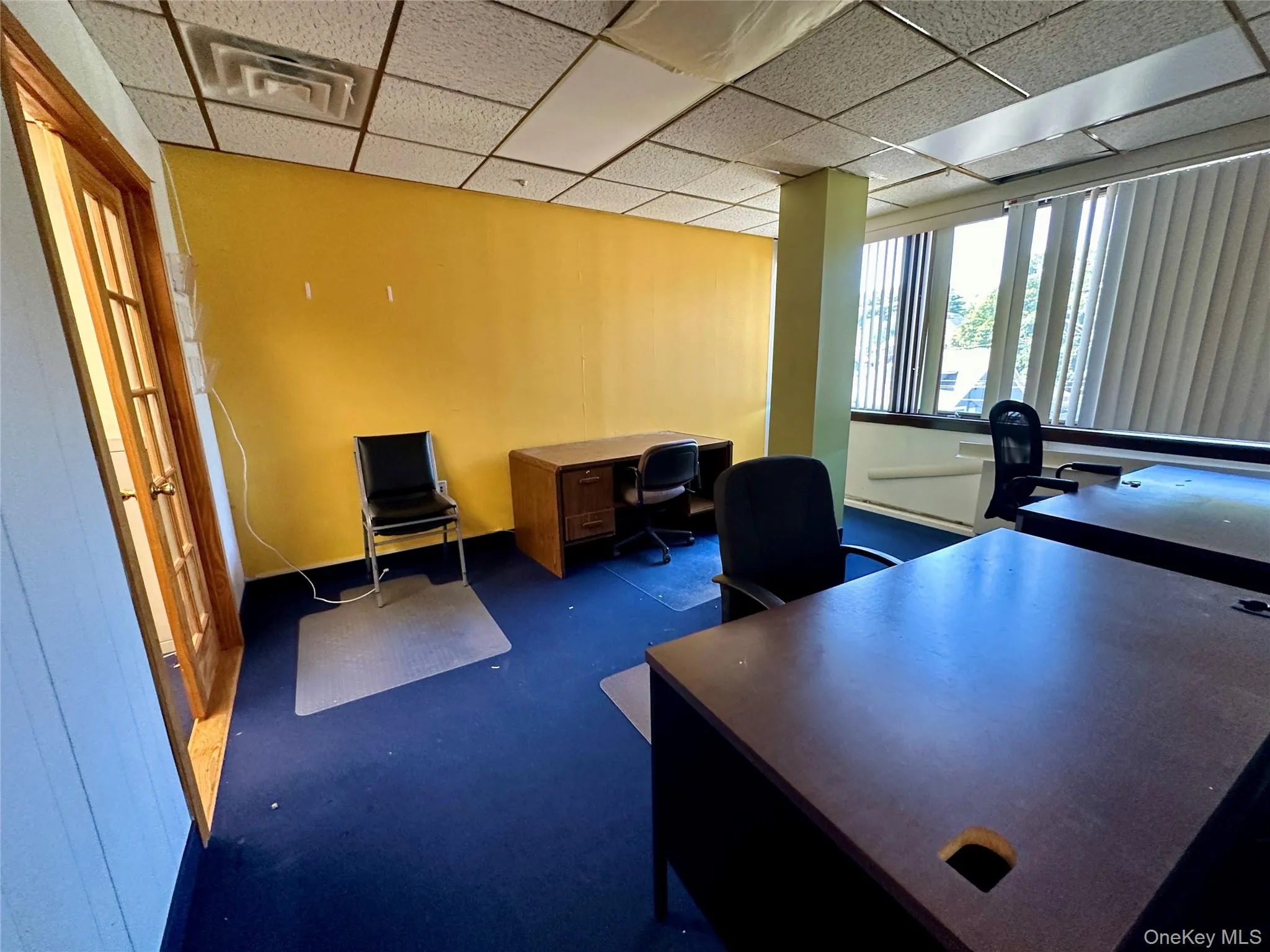 Home office with a paneled ceiling, dark carpet, and a baseboard radiator Home office with a paneled ceiling, dark carpet, and a baseboard radiator