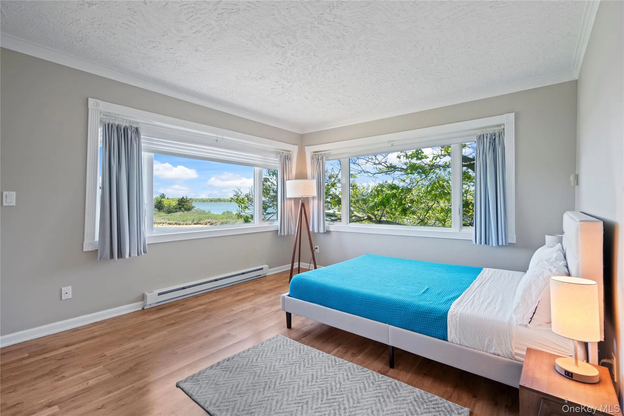 Bedroom featuring a baseboard heating unit, wood finished floors, multiple windows, crown molding, and a textured ceiling Bedroom featuring a baseboard heating unit, wood finished floors, multiple windows, crown molding, and a textured ceiling
