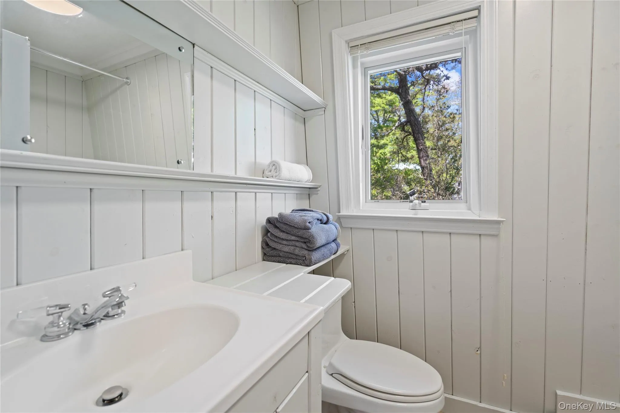 Full bath with vanity and wooden walls Full bath with vanity and wooden walls