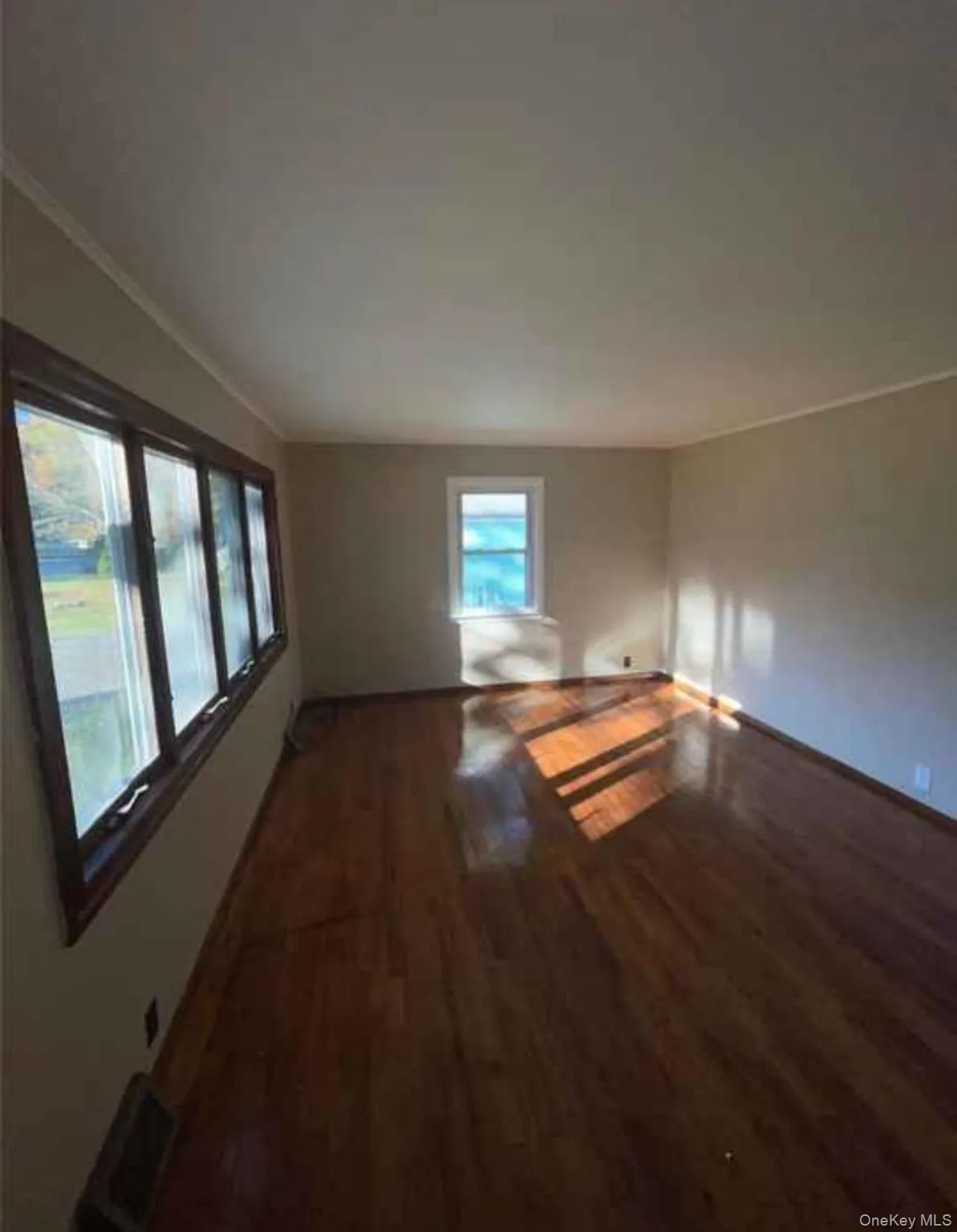 Unfurnished living room featuring dark wood-type flooring and crown molding Unfurnished living room featuring dark wood-type flooring and crown molding