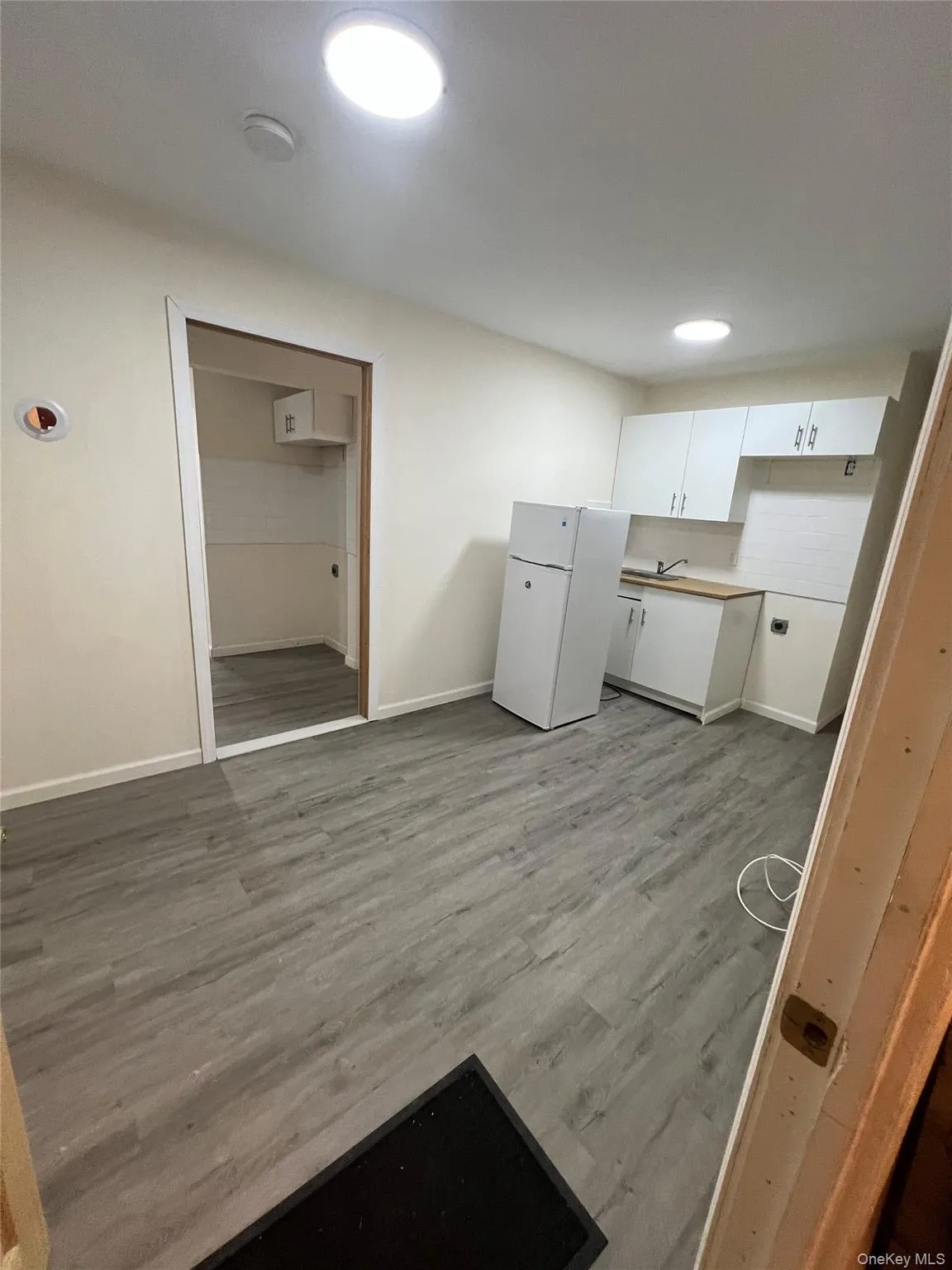 Wood like finished floors, freestanding refrigerator, and light countertops Wood like finished floors, freestanding refrigerator, and light countertops