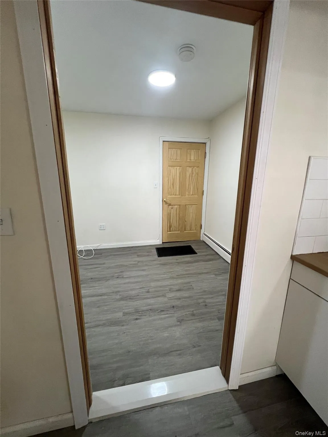 Hallway with dark wood-style flooring and baseboard heating Hallway with dark wood-style flooring and baseboard heating