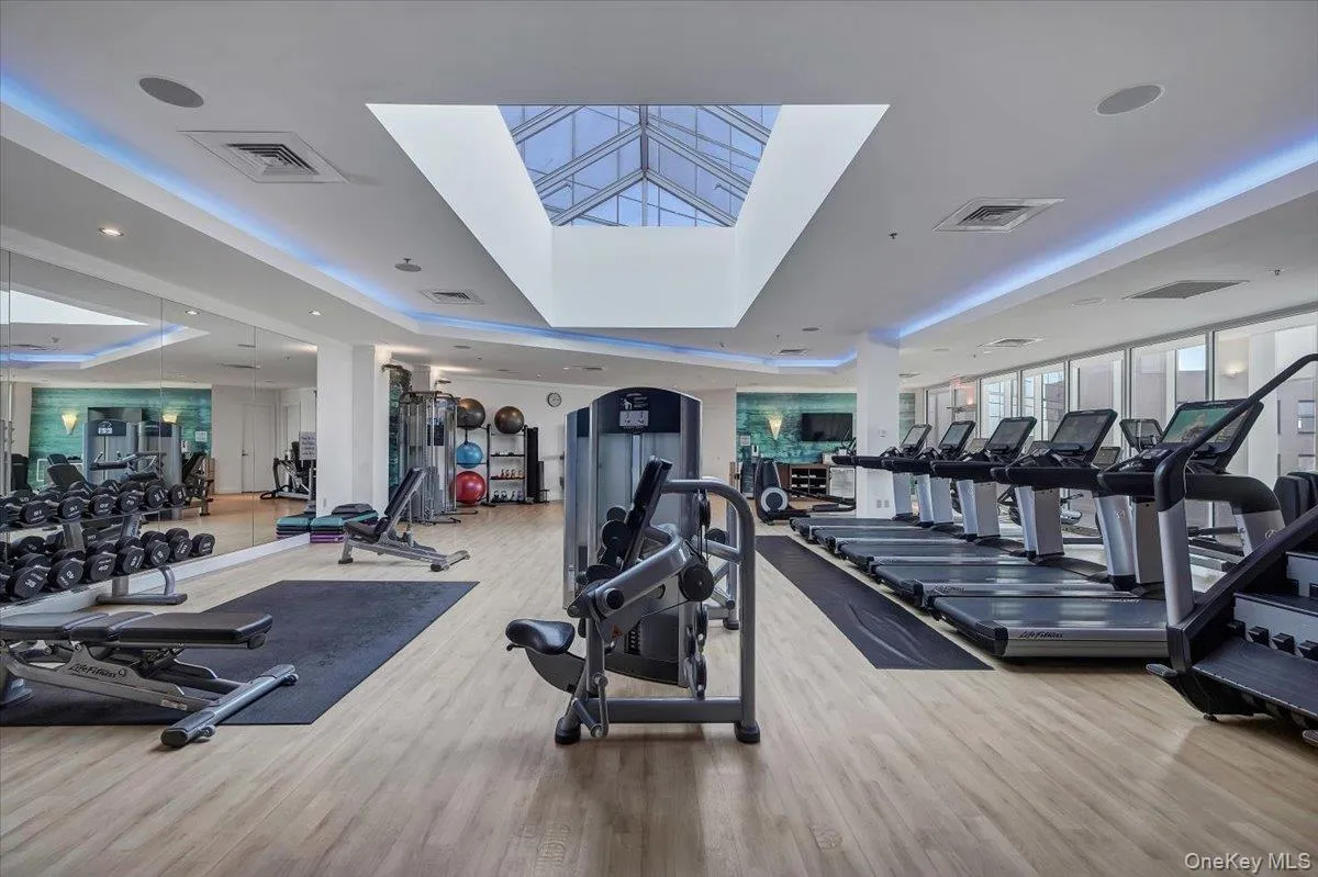 Gym featuring a tray ceiling and light wood finished floors Gym featuring a tray ceiling and light wood finished floors