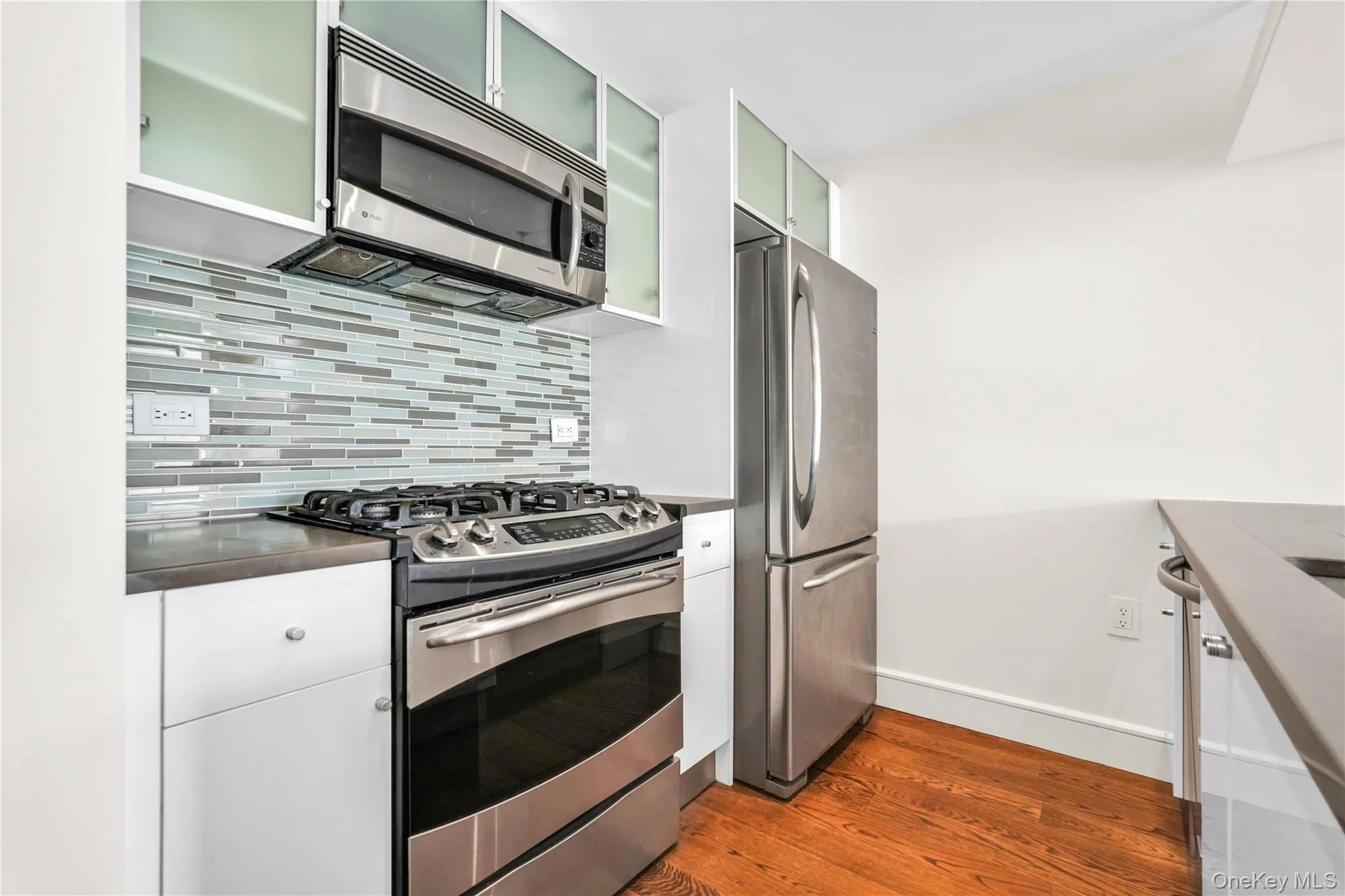 Kitchen featuring stainless steel appliances, decorative backsplash, dark wood-style floors, glass insert cabinets, and white cabinetry Kitchen featuring stainless steel appliances, decorative backsplash, dark wood-style floors, glass insert cabinets, and white cabinetry