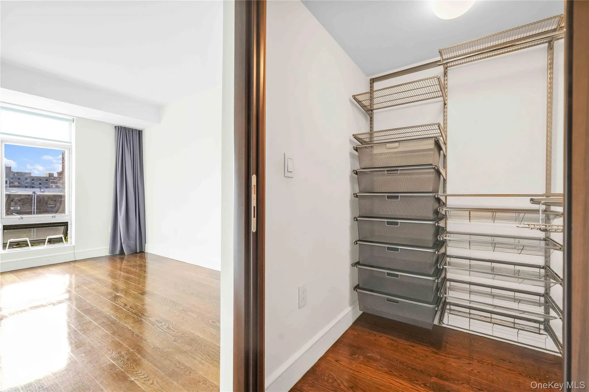Spacious closet with dark wood-style floors Spacious closet with dark wood-style floors