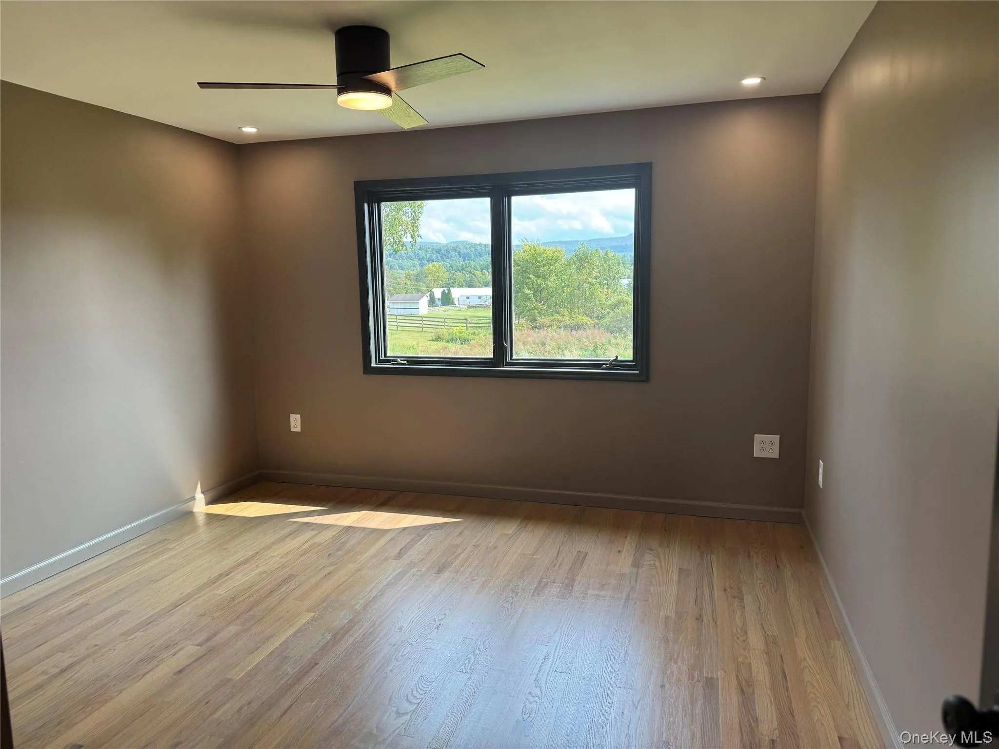Empty room featuring light wood finished floors, a ceiling fan, and recessed lighting Empty room featuring light wood finished floors, a ceiling fan, and recessed lighting