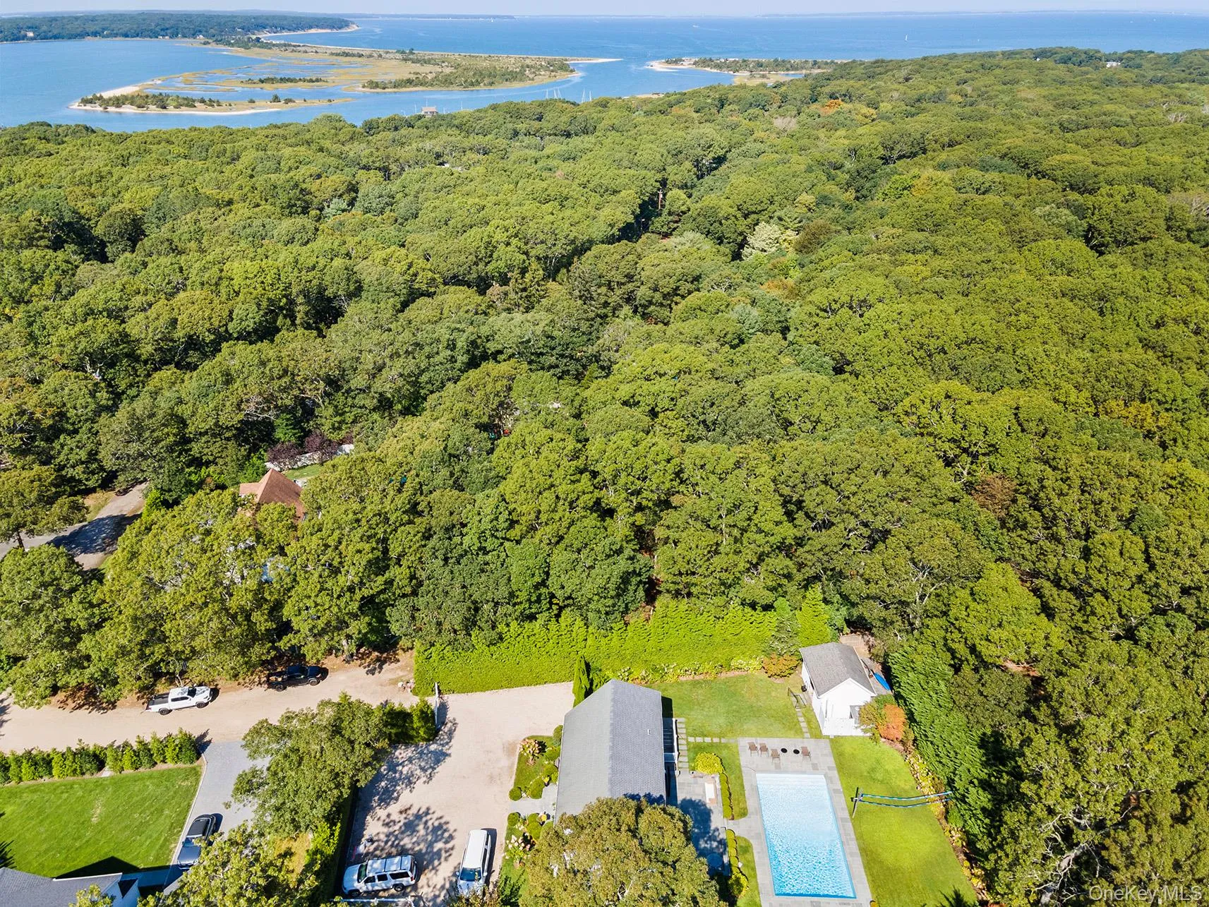 Aerial overview of property's location with a forest and a large body of water Aerial overview of property's location with a forest and a large body of water