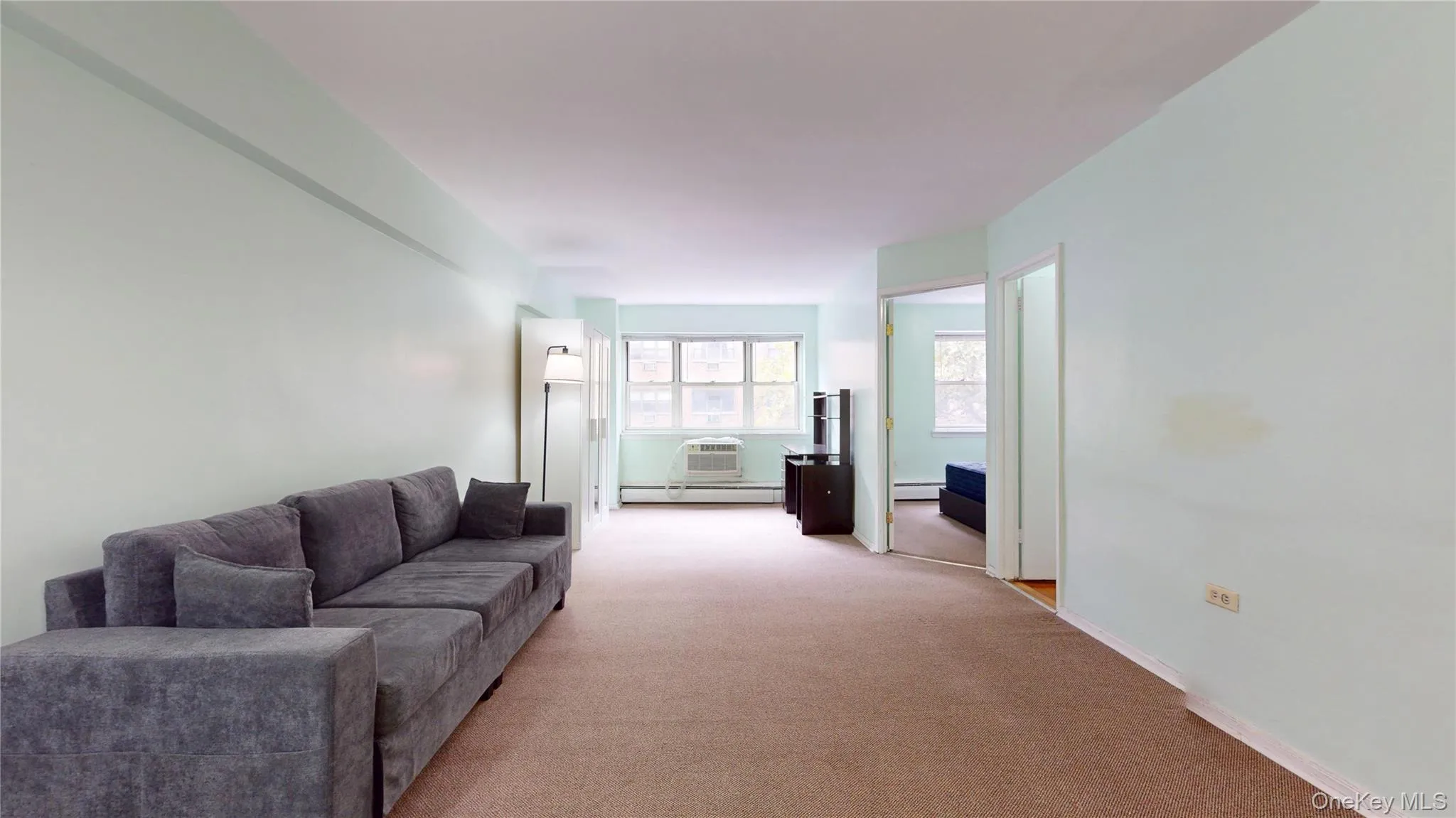 Living room with light colored carpet, a baseboard radiator, and a wall unit AC Living room with light colored carpet, a baseboard radiator, and a wall unit AC