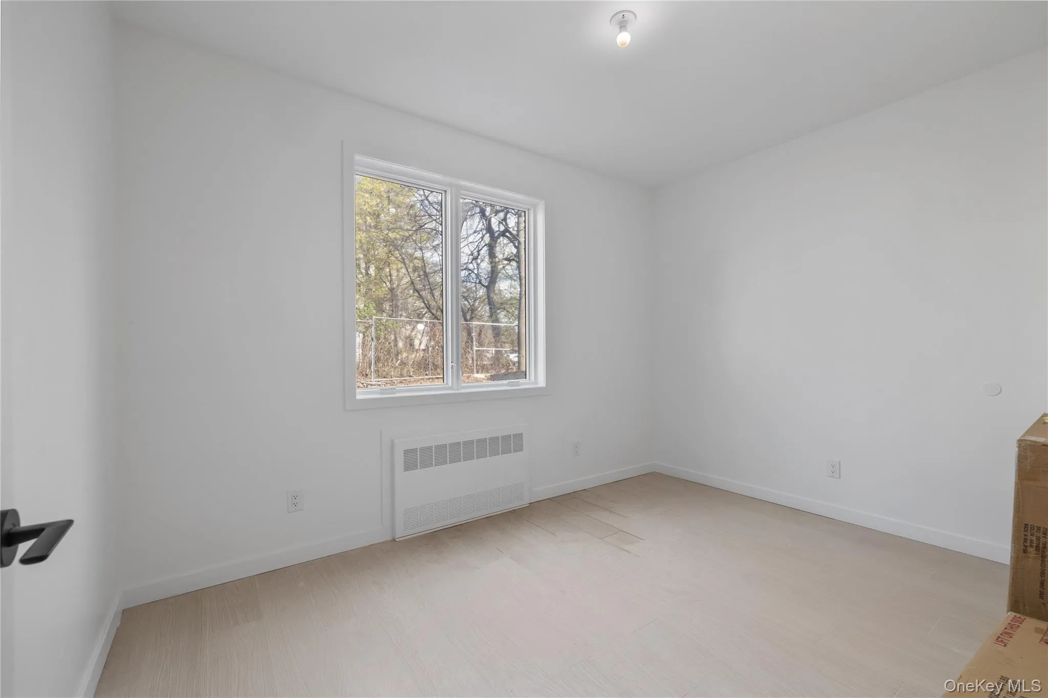 Unfurnished room featuring radiator heating unit, baseboards, and light wood-style flooring Unfurnished room featuring radiator heating unit, baseboards, and light wood-style flooring