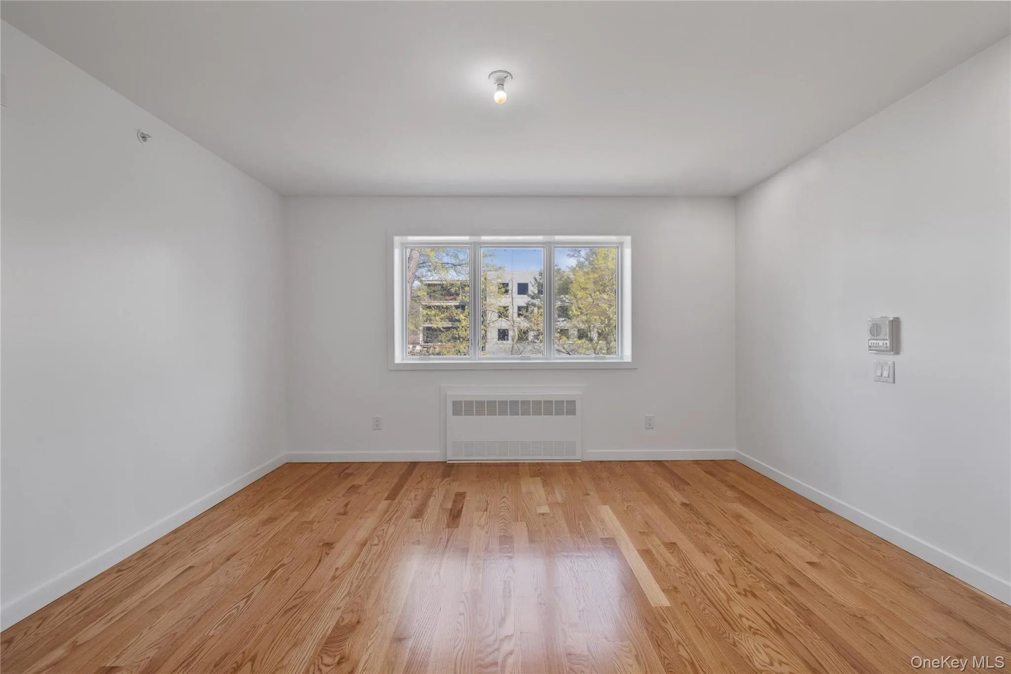 Empty room featuring radiator heating unit, baseboards, and light wood-style floors Empty room featuring radiator heating unit, baseboards, and light wood-style floors