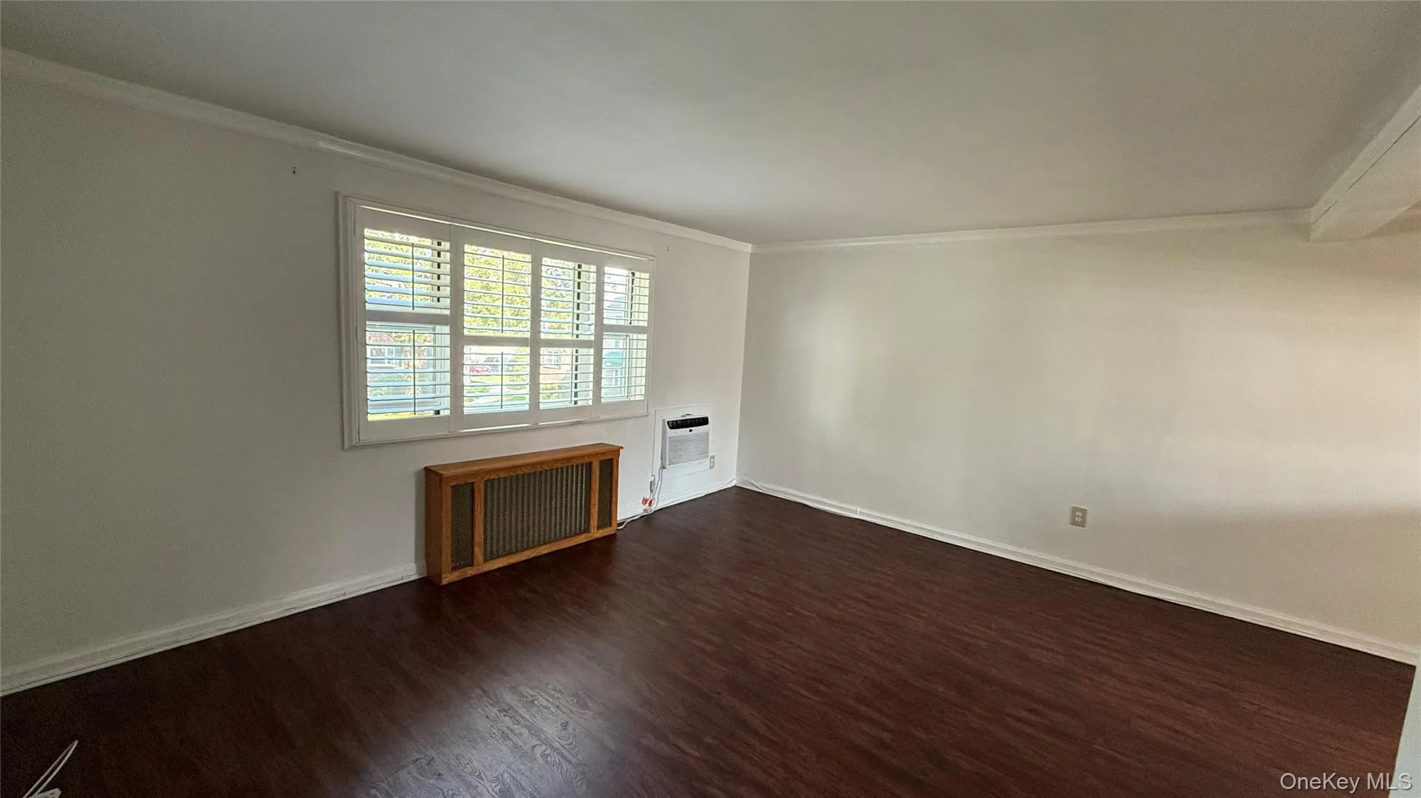 Unfurnished room featuring crown molding, radiator, dark wood-style floors, and a wall mounted AC Unfurnished room featuring crown molding, radiator, dark wood-style floors, and a wall mounted AC