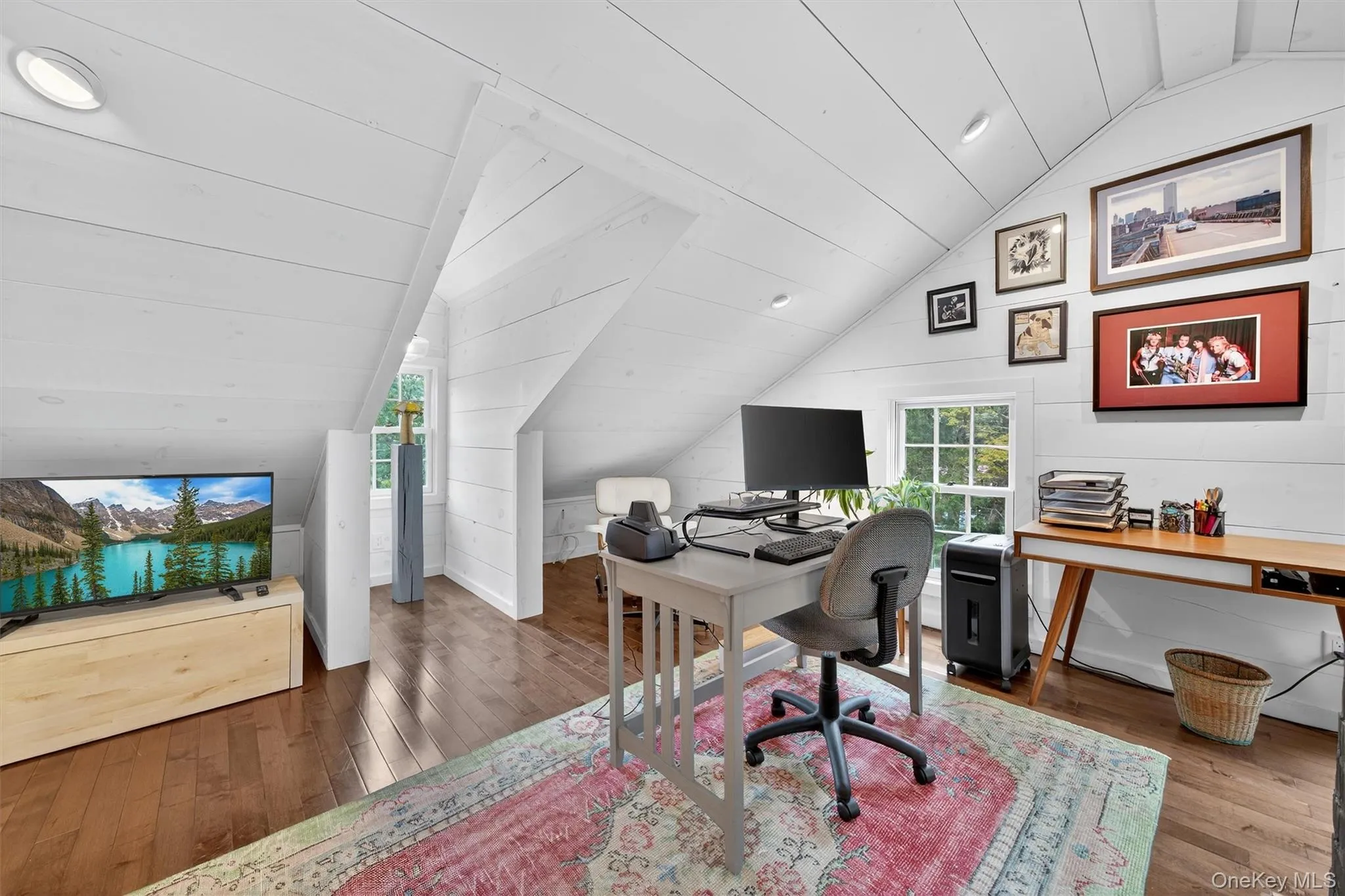 Home office featuring lofted ceiling, hardwood / wood-style flooring, wooden ceiling, and recessed lighting Home office featuring lofted ceiling, hardwood / wood-style flooring, wooden ceiling, and recessed lighting