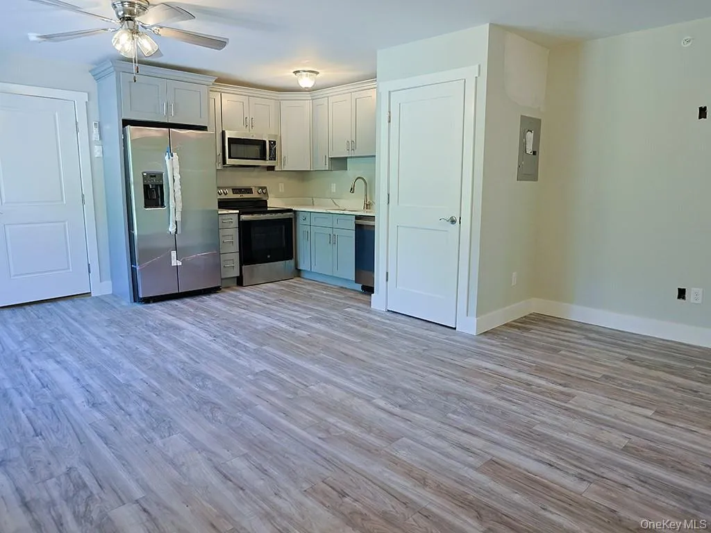 Kitchen featuring appliances with stainless steel finishes, light wood finished floors, a ceiling fan, and electric panel Kitchen featuring appliances with stainless steel finishes, light wood finished floors, a ceiling fan, and electric panel