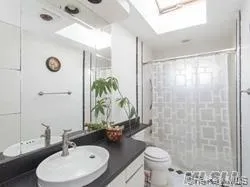 Full bathroom with a stall shower, vanity, and a skylight Full bathroom with a stall shower, vanity, and a skylight