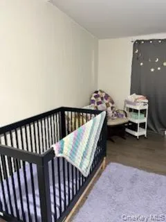 Bedroom featuring dark wood-style floors and a nursery area Bedroom featuring dark wood-style floors and a nursery area