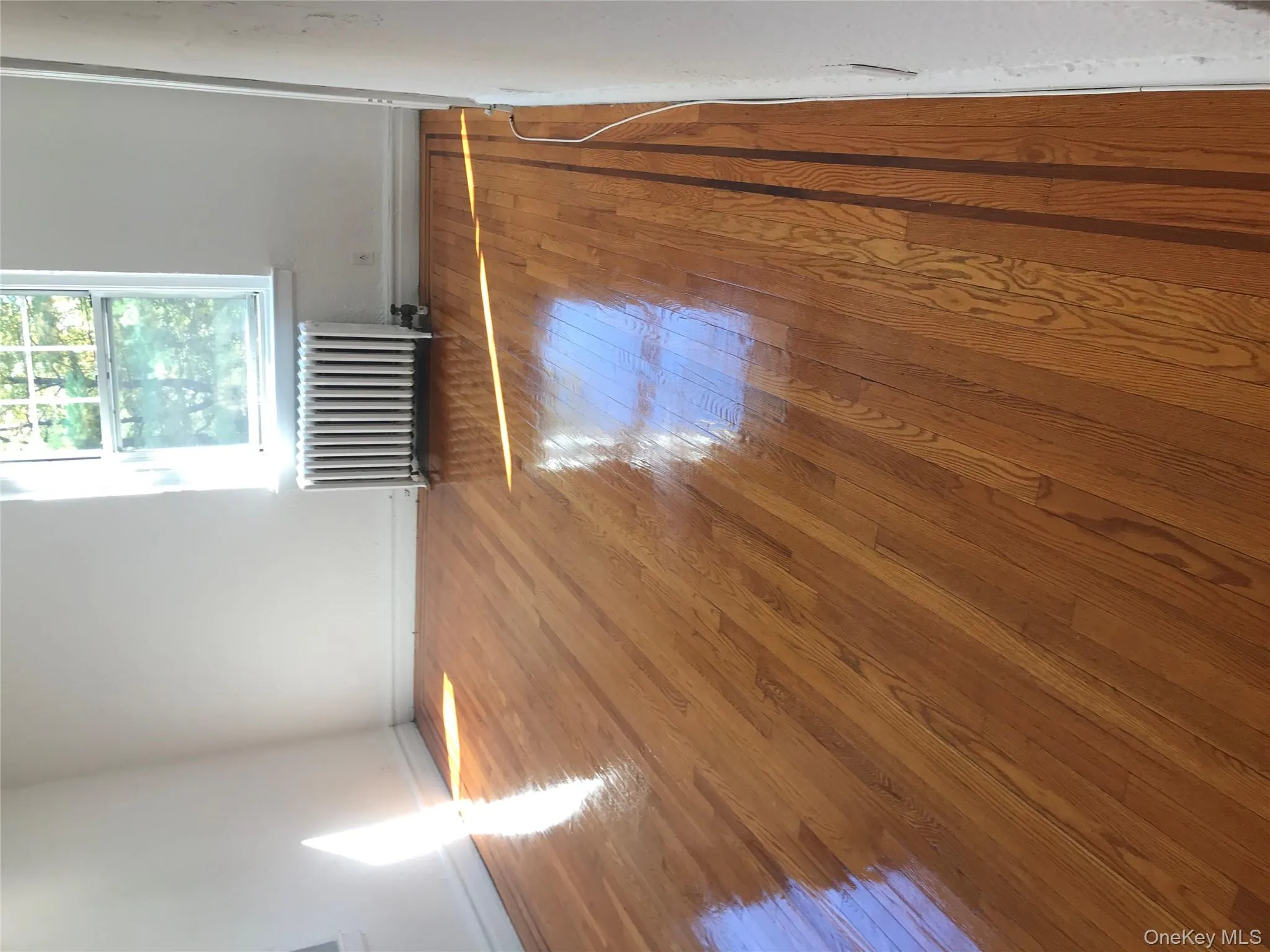 Unfurnished room featuring hardwood / wood-style flooring and radiator heating unit Unfurnished room featuring hardwood / wood-style flooring and radiator heating unit