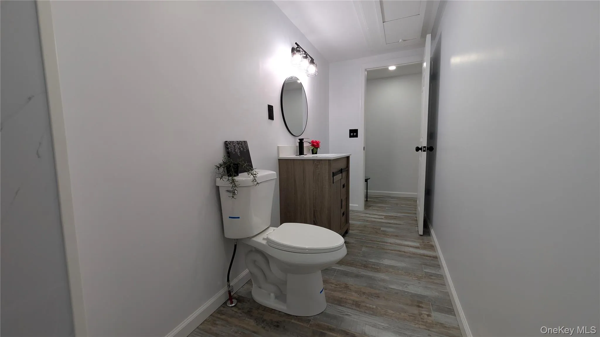 Bathroom featuring vanity and dark wood-type flooring Bathroom featuring vanity and dark wood-type flooring