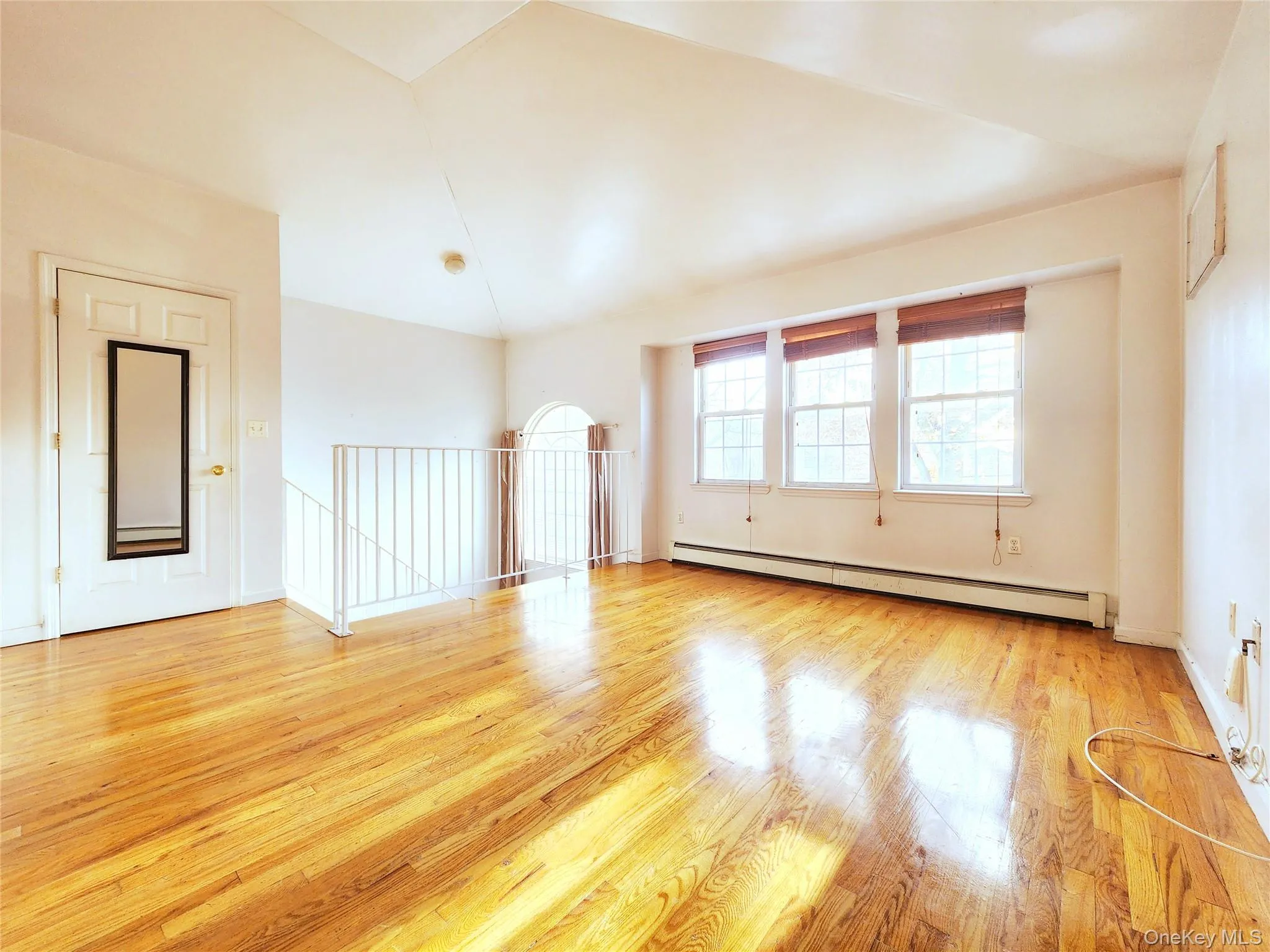 Unfurnished room featuring vaulted ceiling, baseboard heating, and light wood-type flooring Unfurnished room featuring vaulted ceiling, baseboard heating, and light wood-type flooring