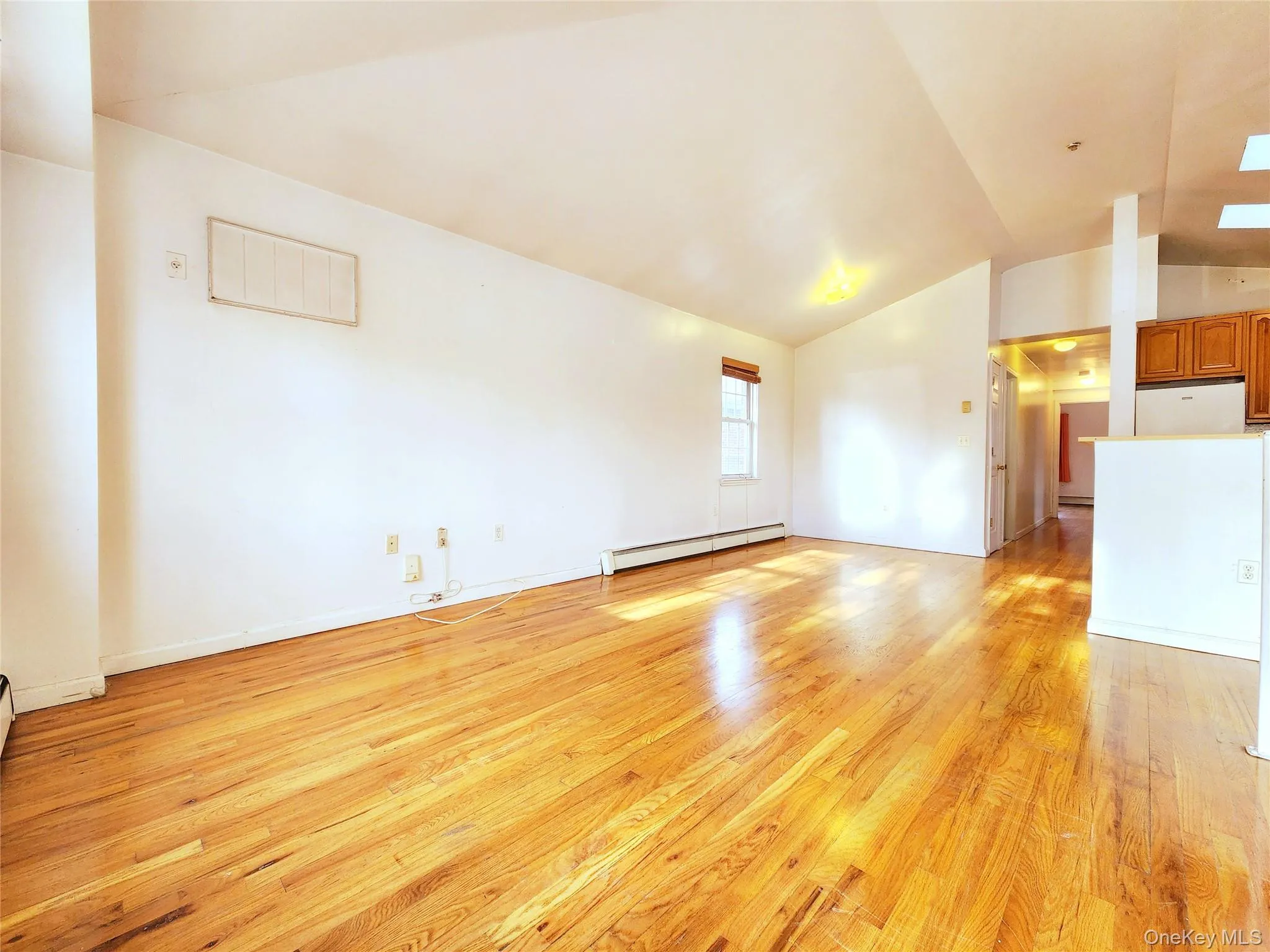 Unfurnished room featuring light wood-style floors, lofted ceiling, and a baseboard heating unit Unfurnished room featuring light wood-style floors, lofted ceiling, and a baseboard heating unit
