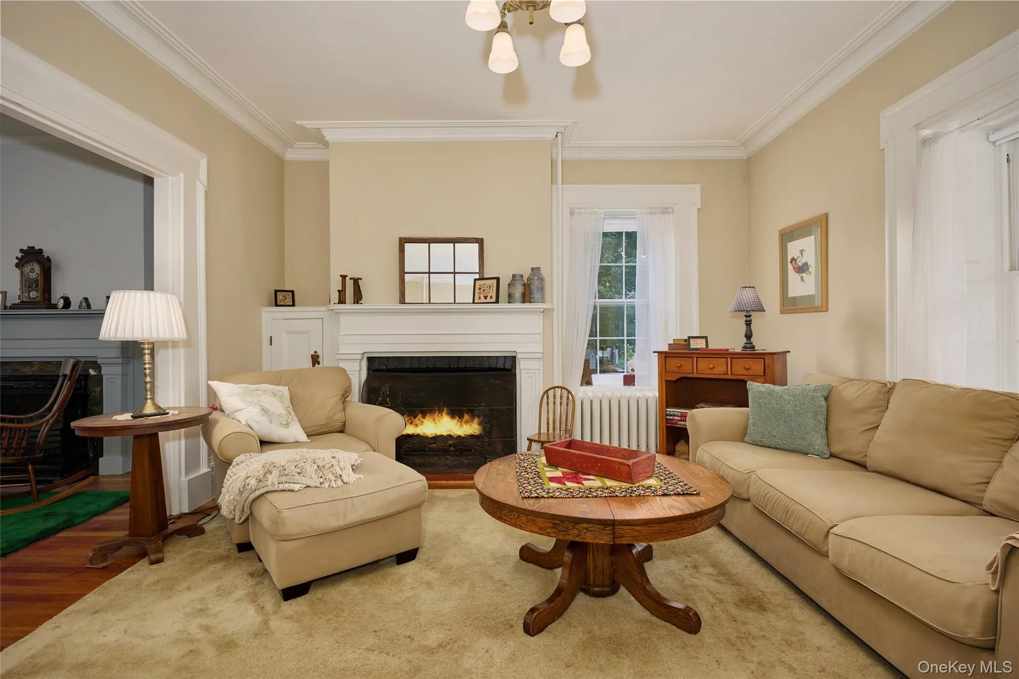 Living room with a fireplace, wood finished floors, and ornamental molding Living room with a fireplace, wood finished floors, and ornamental molding