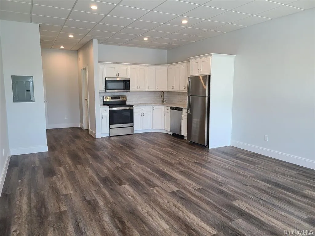 Kitchen with stainless steel appliances, white cabinets, a paneled ceiling, backsplash, and electric panel Kitchen with stainless steel appliances, white cabinets, a paneled ceiling, backsplash, and electric panel