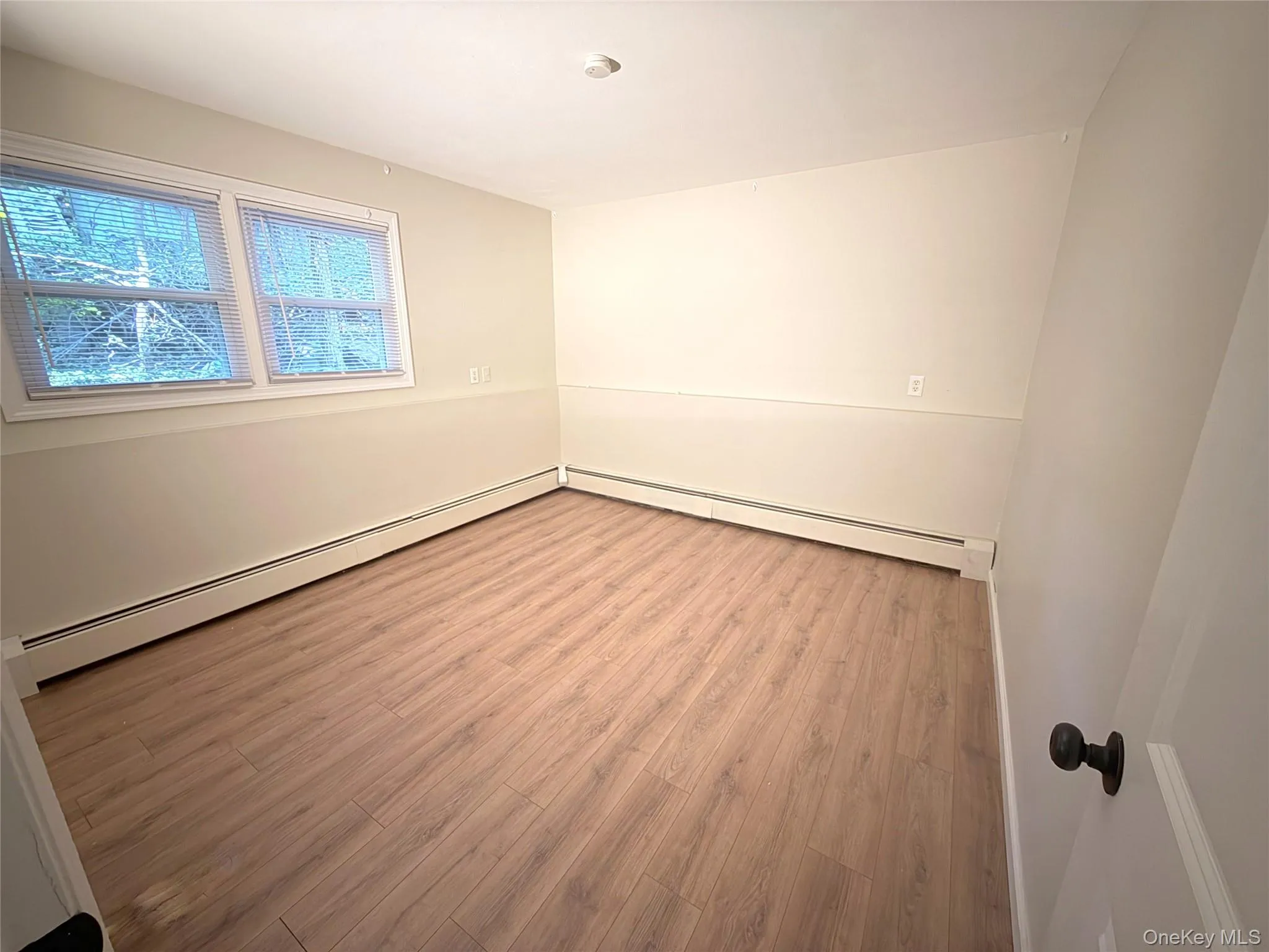 Unfurnished room with a baseboard radiator and light wood-style flooring Unfurnished room with a baseboard radiator and light wood-style flooring