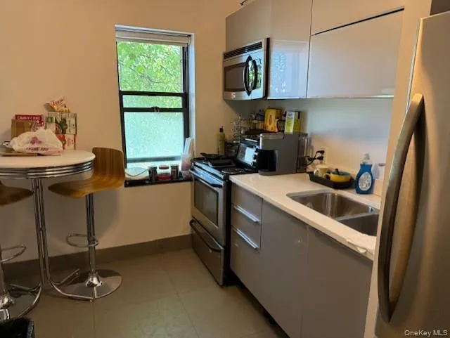 Kitchen featuring stainless steel appliances, light countertops, gray cabinets, and modern cabinets Kitchen featuring stainless steel appliances, light countertops, gray cabinets, and modern cabinets
