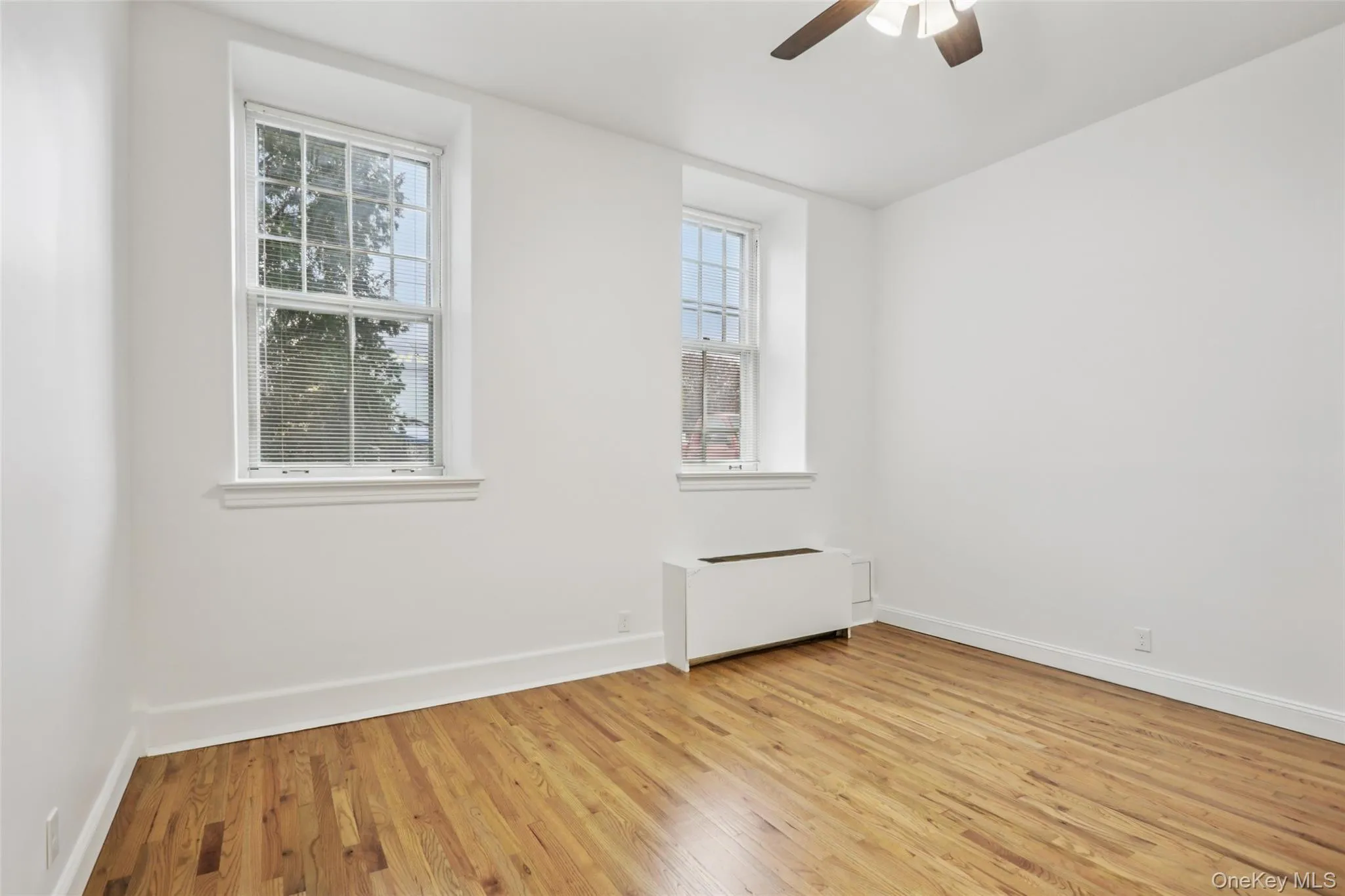 Unfurnished room with radiator heating unit, light wood finished floors, and a ceiling fan Unfurnished room with radiator heating unit, light wood finished floors, and a ceiling fan