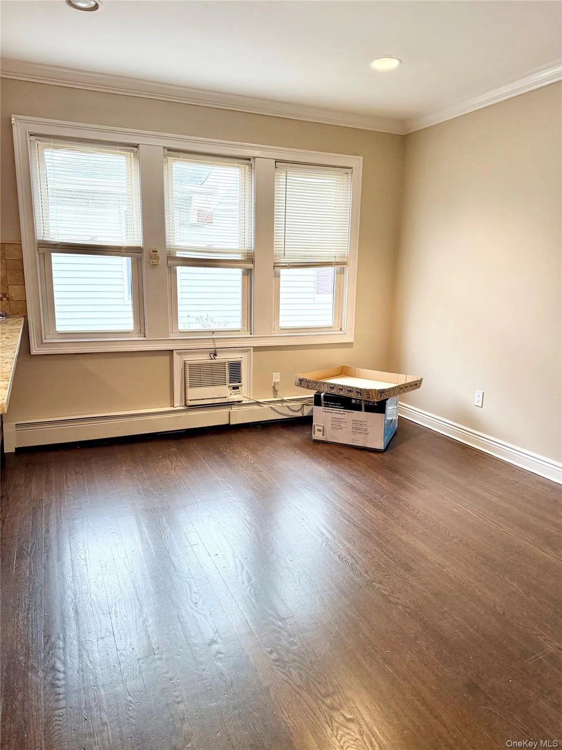 Spare room with crown molding, a baseboard heating unit, dark wood finished floors, plenty of natural light, and recessed lighting Spare room with crown molding, a baseboard heating unit, dark wood finished floors, plenty of natural light, and recessed lighting
