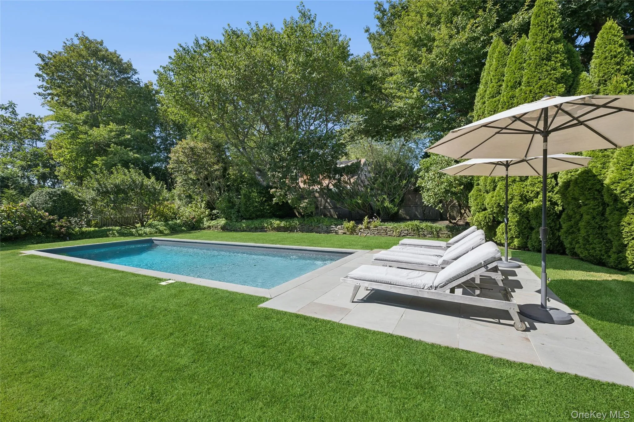 Outdoor pool with a lawn, a patio, and view of wooded area Outdoor pool with a lawn, a patio, and view of wooded area