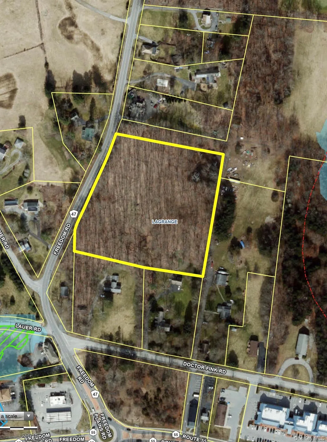Aerial map of property and surrounding area with property parcel outlined Aerial map of property and surrounding area with property parcel outlined