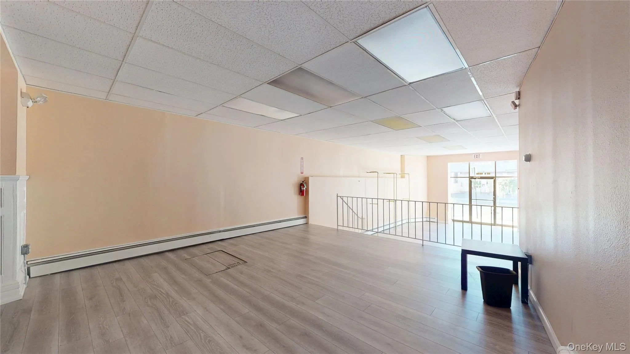 Spare room with a drop ceiling, a baseboard radiator, and wood finished floors Spare room with a drop ceiling, a baseboard radiator, and wood finished floors
