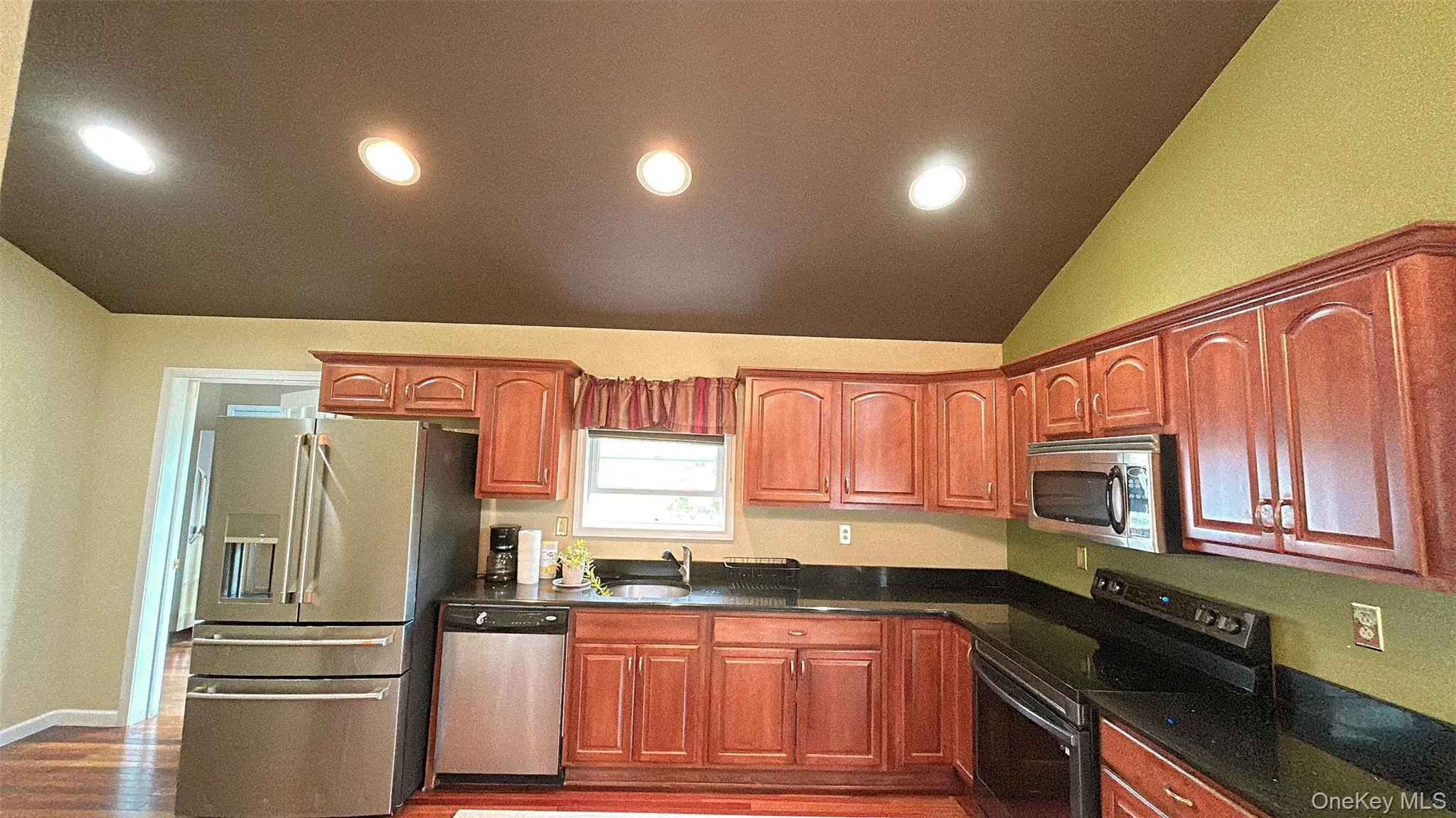 Kitchen with appliances with stainless steel finishes, lofted ceiling, recessed lighting, dark wood finished floors, and dark stone countertops Kitchen with appliances with stainless steel finishes, lofted ceiling, recessed lighting, dark wood finished floors, and dark stone countertops