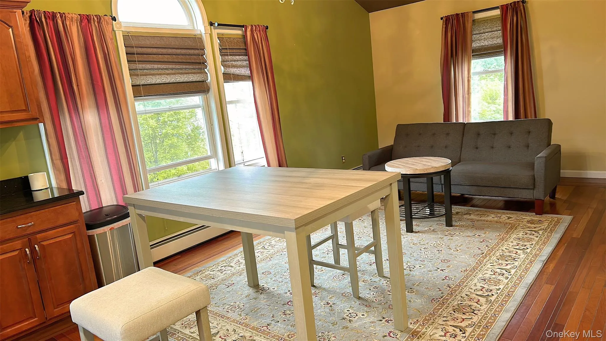 Dining area featuring wood finished floors and a baseboard radiator Dining area featuring wood finished floors and a baseboard radiator