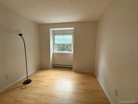 Unfurnished room featuring light wood-style flooring and a baseboard radiator Unfurnished room featuring light wood-style flooring and a baseboard radiator