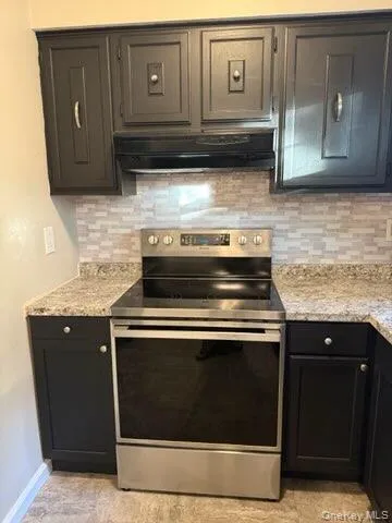 Kitchen with stainless steel electric range oven, ventilation hood, light stone countertops, and decorative backsplash Kitchen with stainless steel electric range oven, ventilation hood, light stone countertops, and decorative backsplash