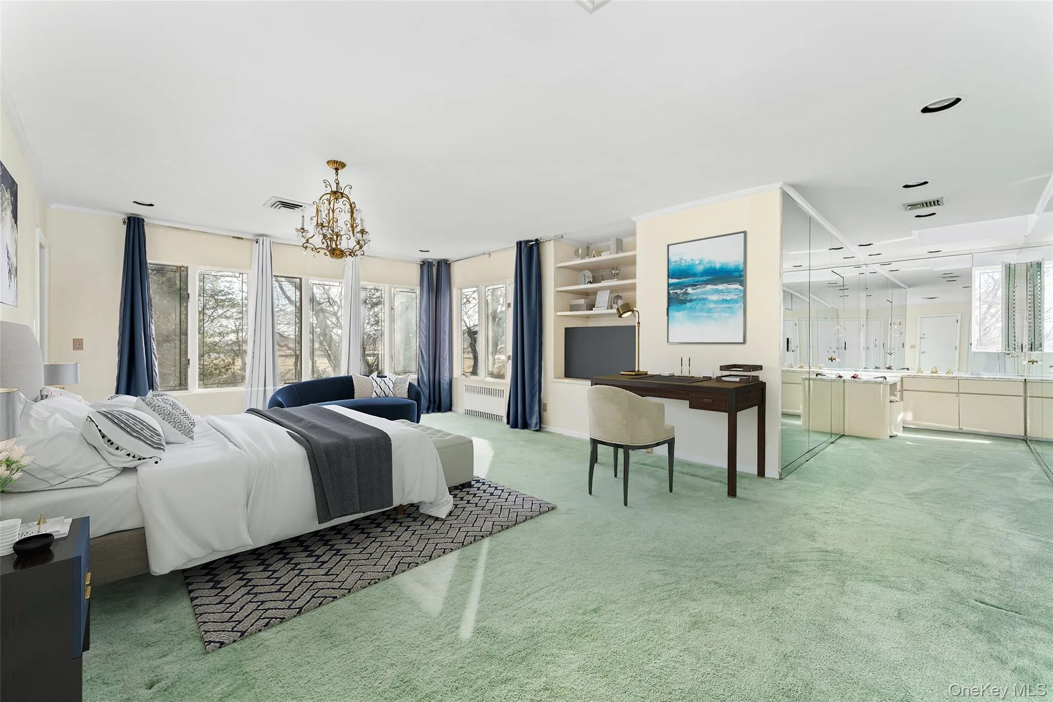 Bedroom featuring light colored carpet, multiple windows, and a chandelier Bedroom featuring light colored carpet, multiple windows, and a chandelier