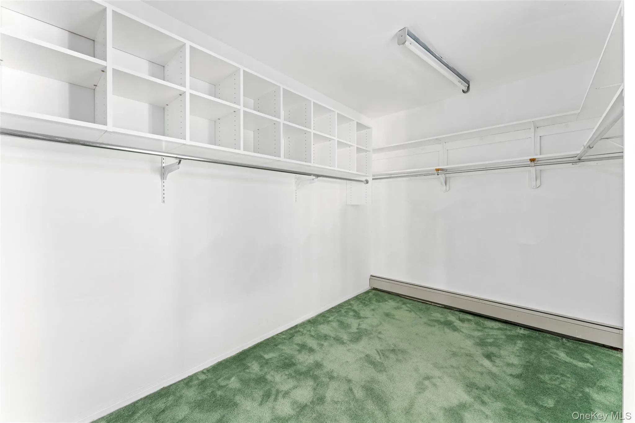 Spacious closet featuring a baseboard radiator and carpet floors Spacious closet featuring a baseboard radiator and carpet floors