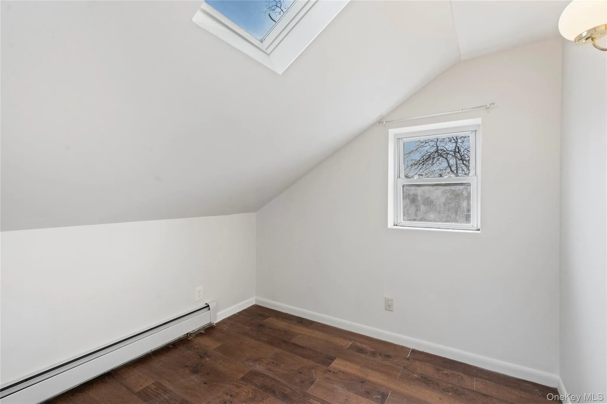 Bonus room featuring a baseboard heating unit, lofted ceiling, a skylight, and dark wood-type flooring Bonus room featuring a baseboard heating unit, lofted ceiling, a skylight, and dark wood-type flooring