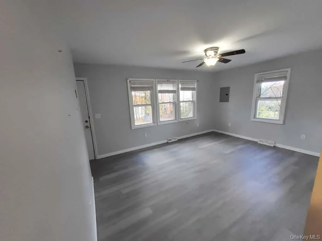 Spare room featuring dark wood-style flooring, plenty of natural light, a ceiling fan, and electric panel Spare room featuring dark wood-style flooring, plenty of natural light, a ceiling fan, and electric panel