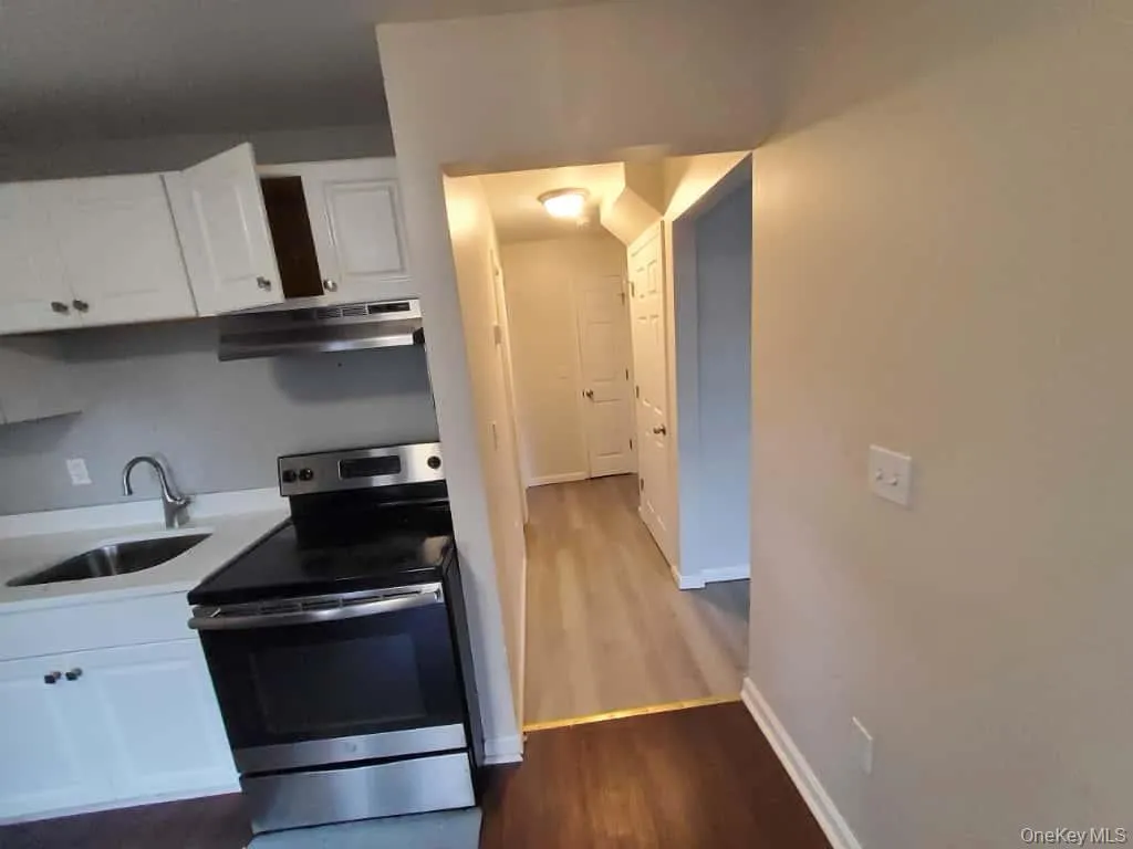 Kitchen featuring white cabinetry, stainless steel electric range, dark wood-style flooring, under cabinet range hood, and light stone counters Kitchen featuring white cabinetry, stainless steel electric range, dark wood-style flooring, under cabinet range hood, and light stone counters