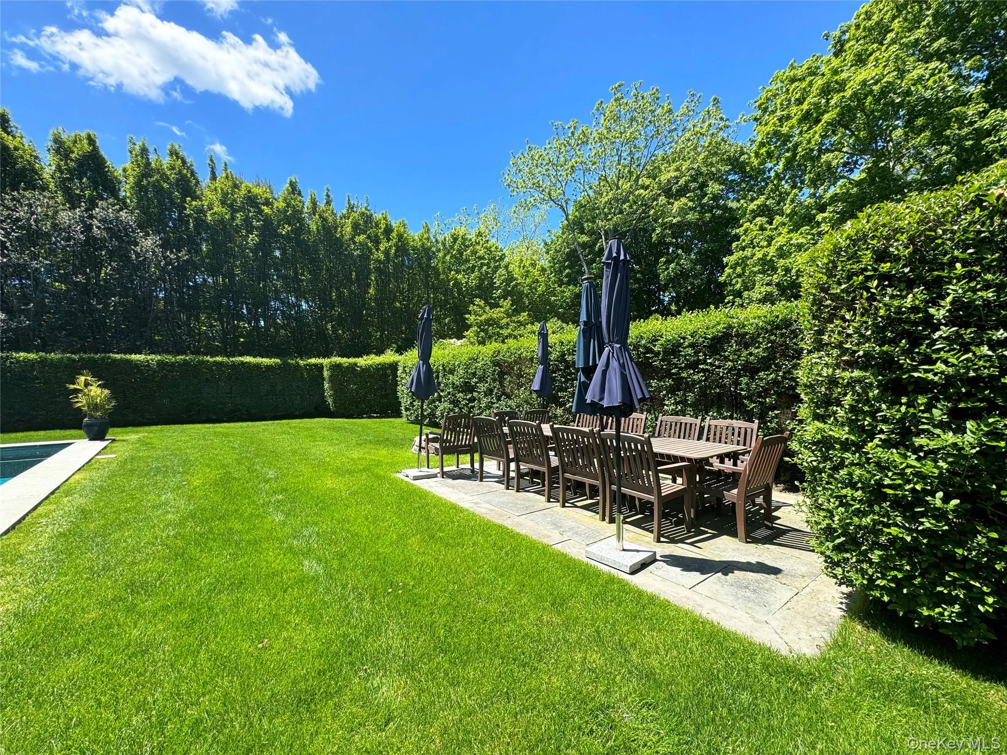 View of green lawn with a patio View of green lawn with a patio