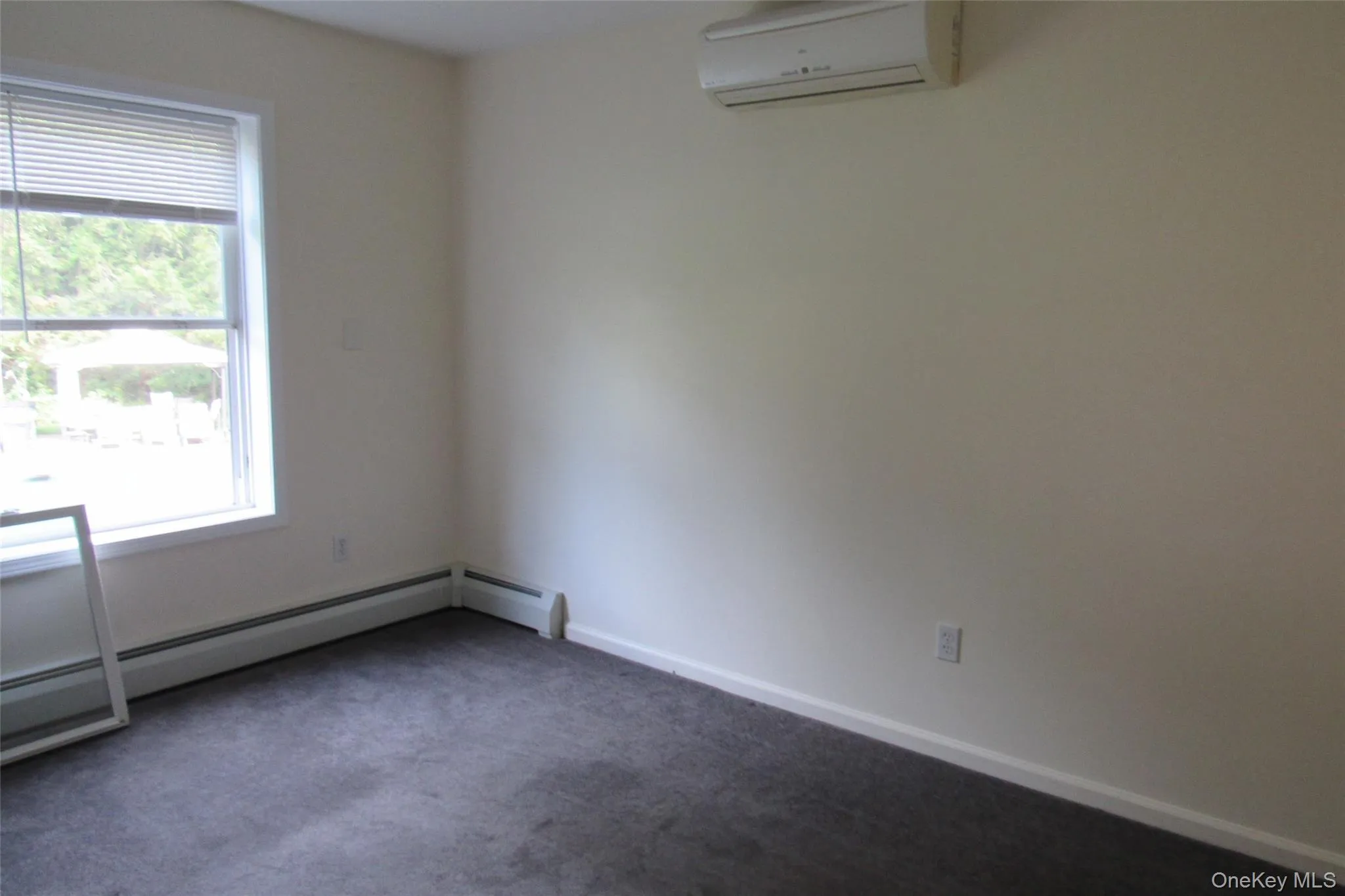 Spare room featuring a wall mounted AC, dark colored carpet, and baseboard heating Spare room featuring a wall mounted AC, dark colored carpet, and baseboard heating