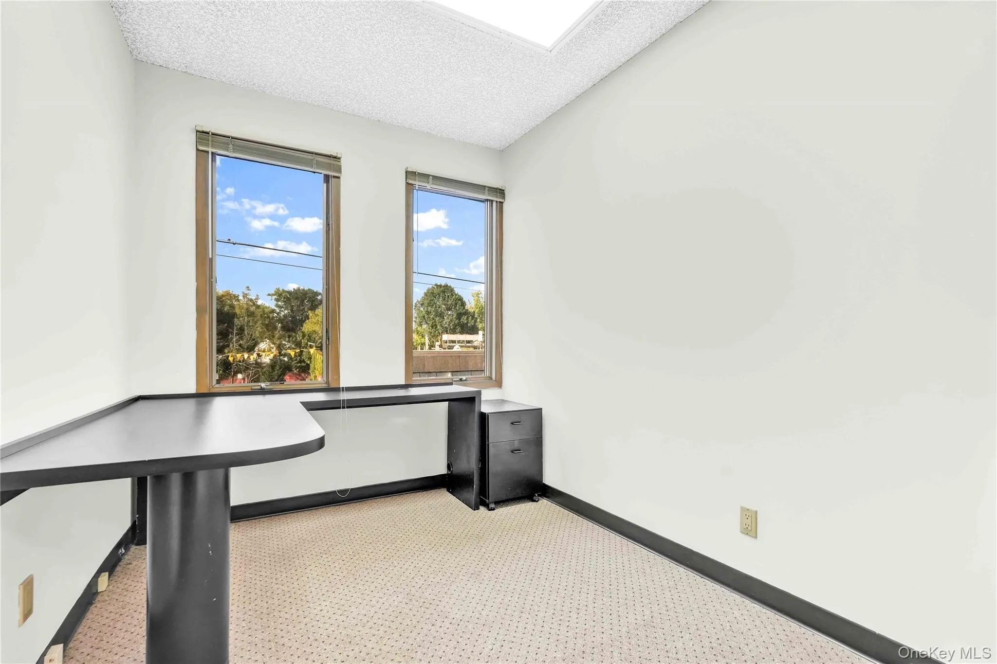 Unfurnished office featuring a textured ceiling and baseboards Unfurnished office featuring a textured ceiling and baseboards