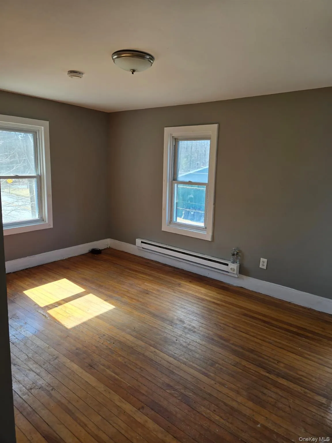 Empty room with a baseboard radiator, baseboards, and hardwood / wood-style floors Empty room with a baseboard radiator, baseboards, and hardwood / wood-style floors